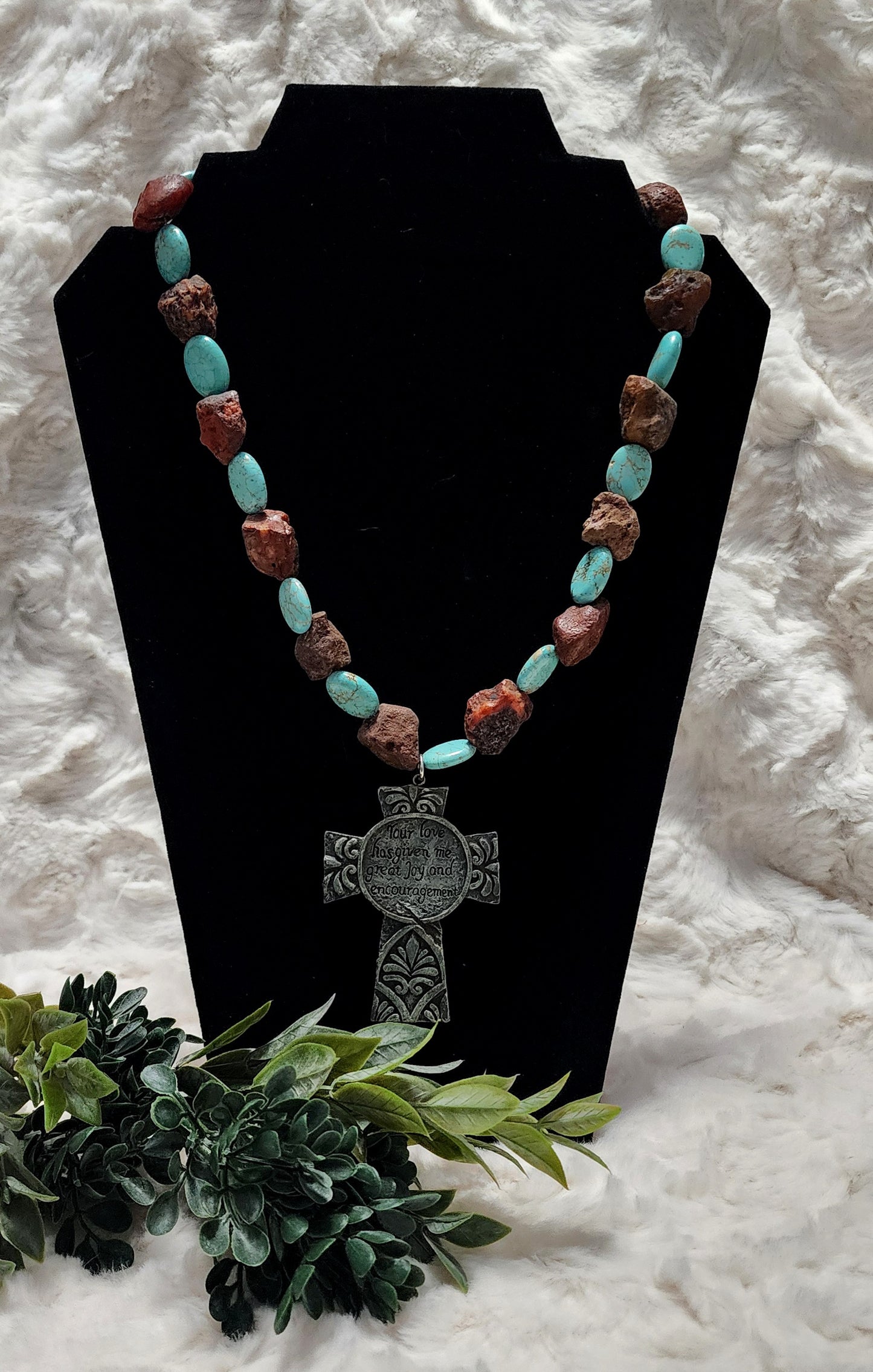 Handmade Turquoise & brown Beaded Cross Pendant Necklace