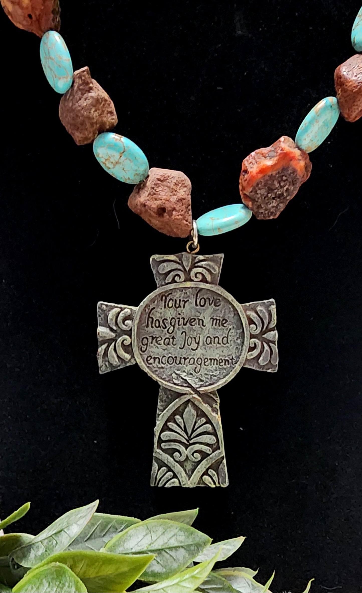Handmade Turquoise & brown Beaded Cross Pendant Necklace