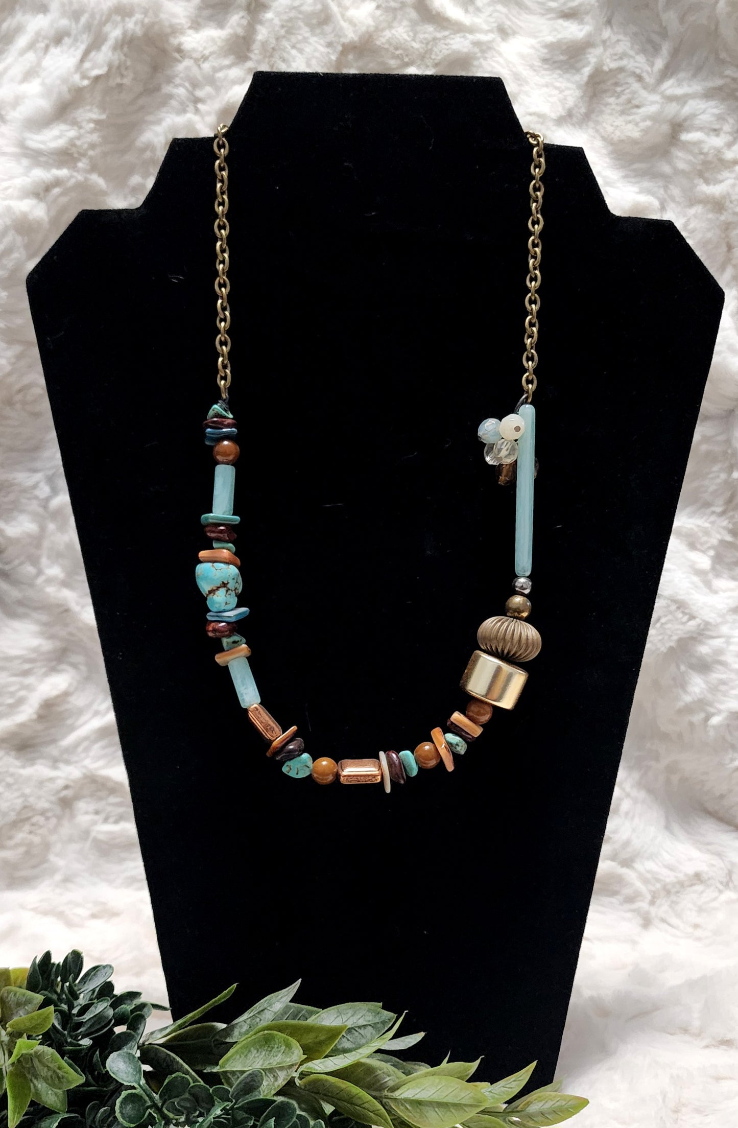 Vintage and Hand-Crafted Sea Green, Turquoise, Brown & Metal Accents Necklace