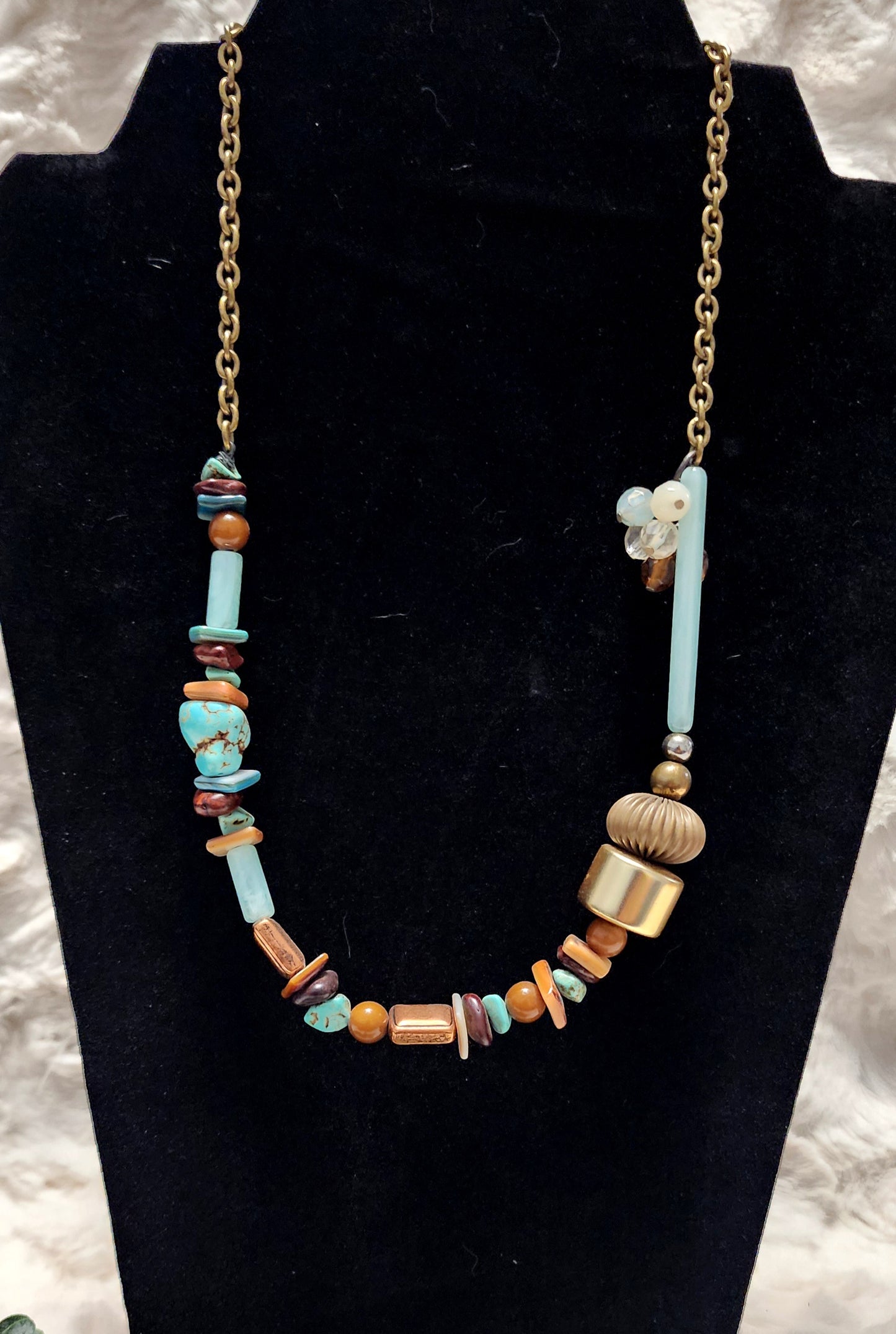 Vintage and Hand-Crafted Sea Green, Turquoise, Brown & Metal Accents Necklace