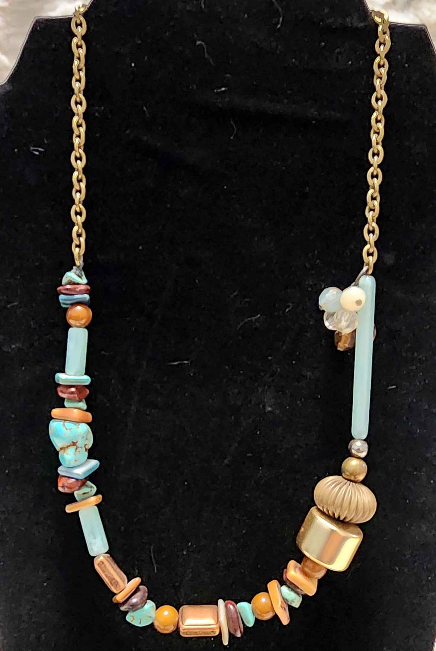 Vintage and Hand-Crafted Sea Green, Turquoise, Brown & Metal Accents Necklace