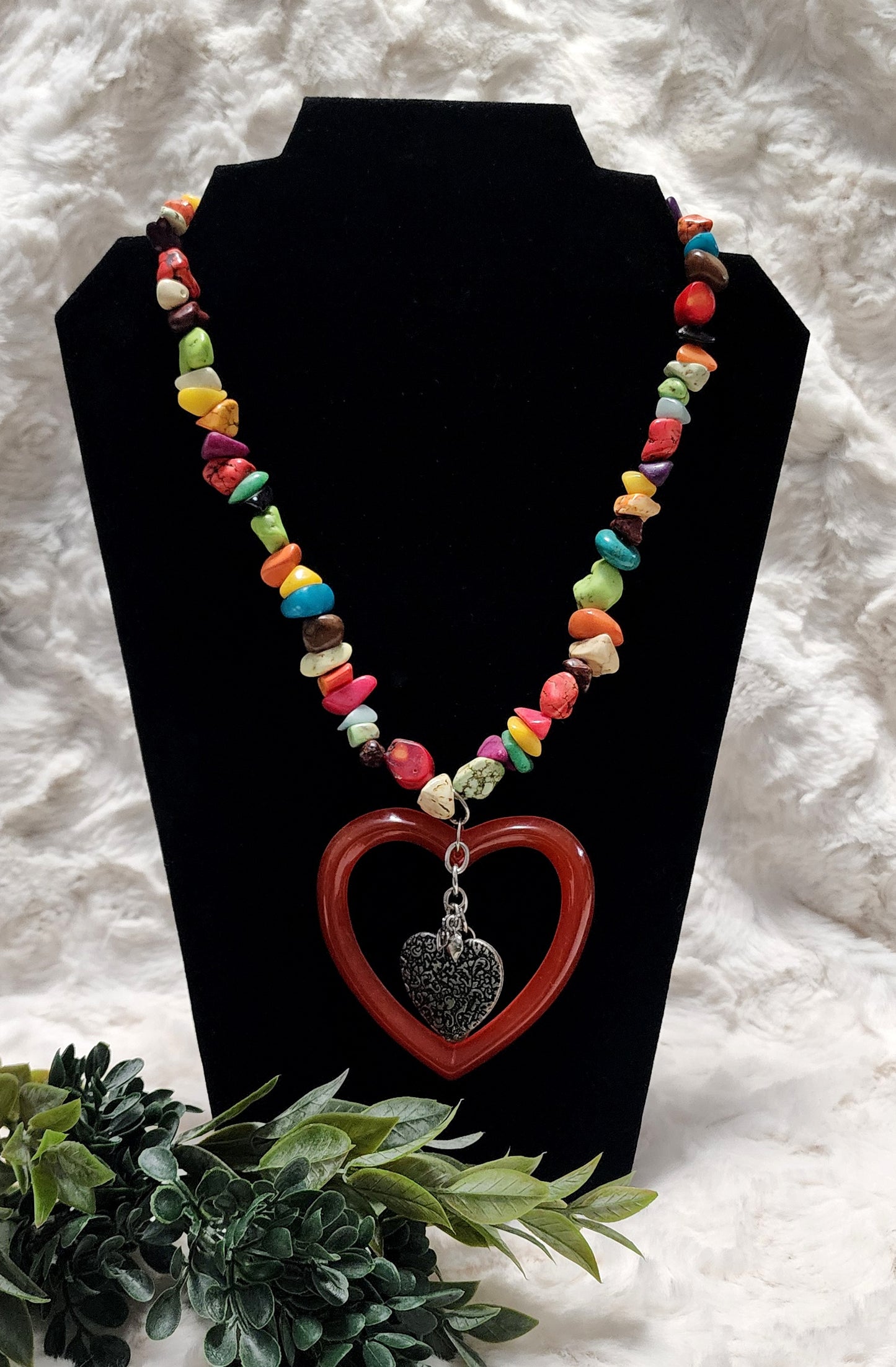 Bright Multi-Colored Stone Necklace with Red and Silver Colored Heart Pendants