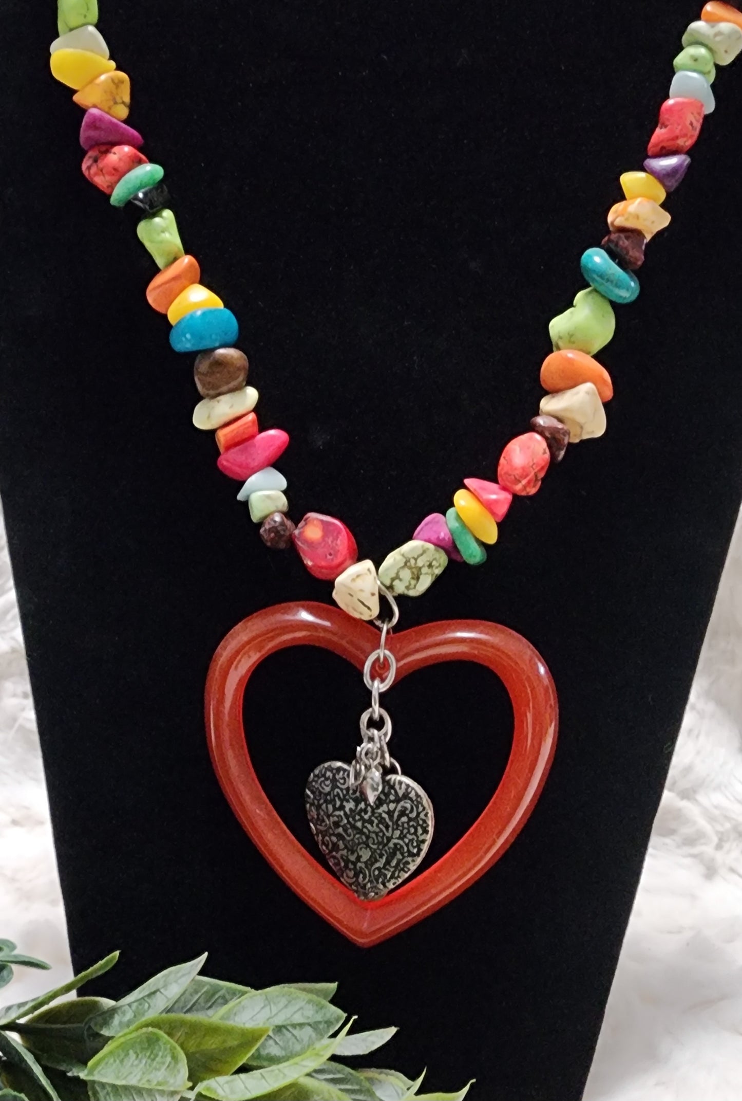 Bright Multi-Colored Stone Necklace with Red and Silver Colored Heart Pendants