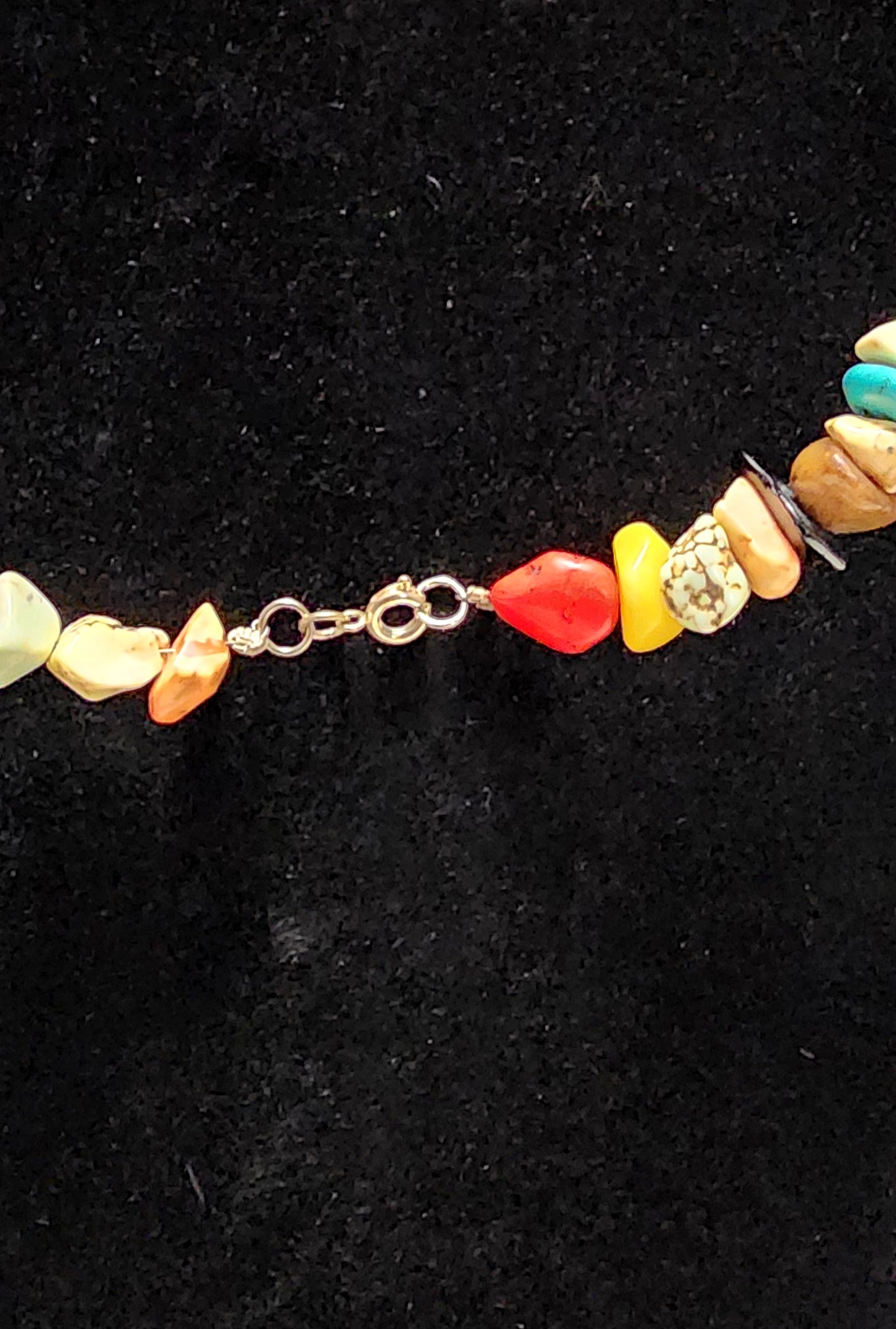Bright Multi-Colored Stone Necklace with Red and Silver Colored Heart Pendants