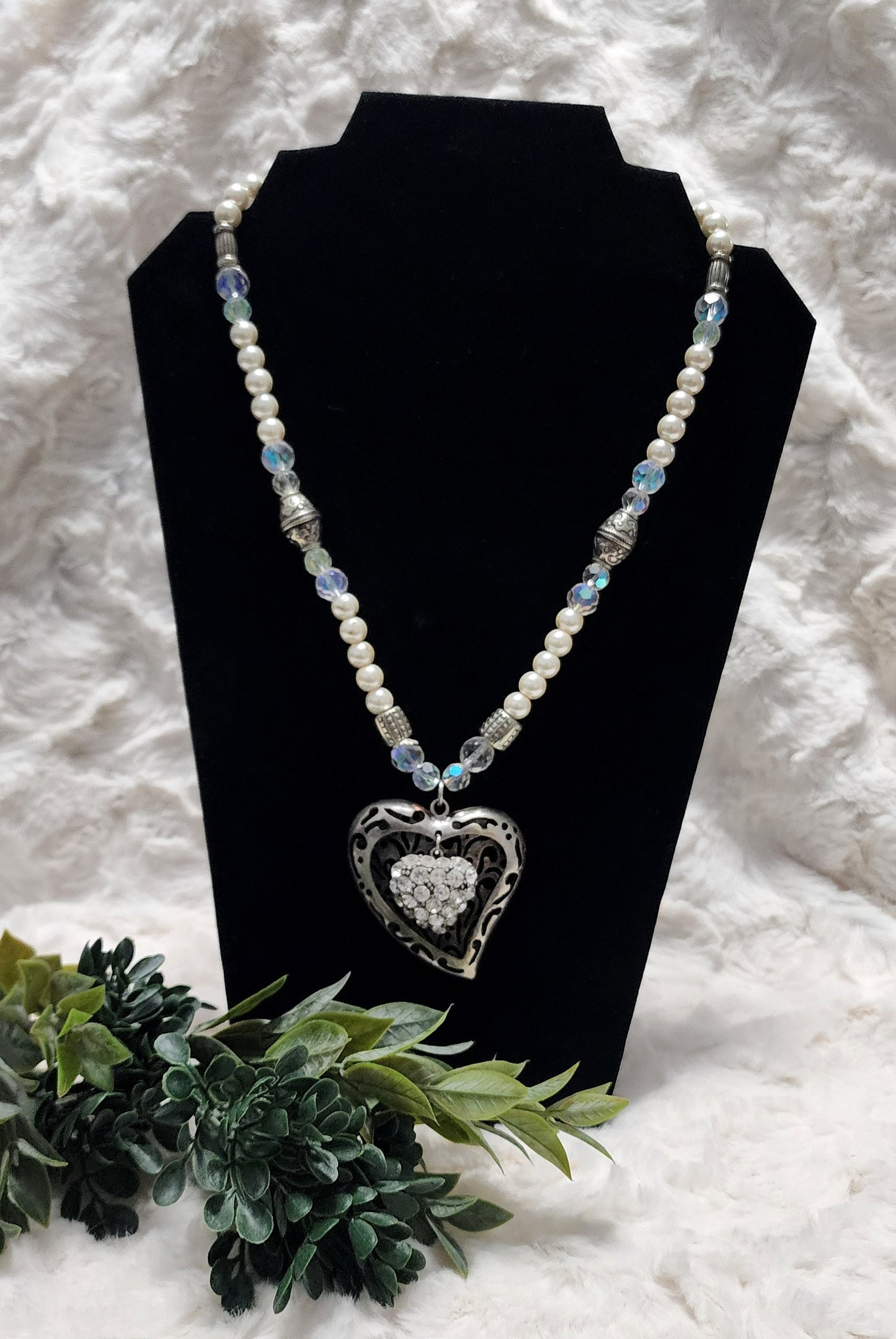 Handmade Pearl Heart Pendant Necklace with Silver Colored & Rhinestone Accents