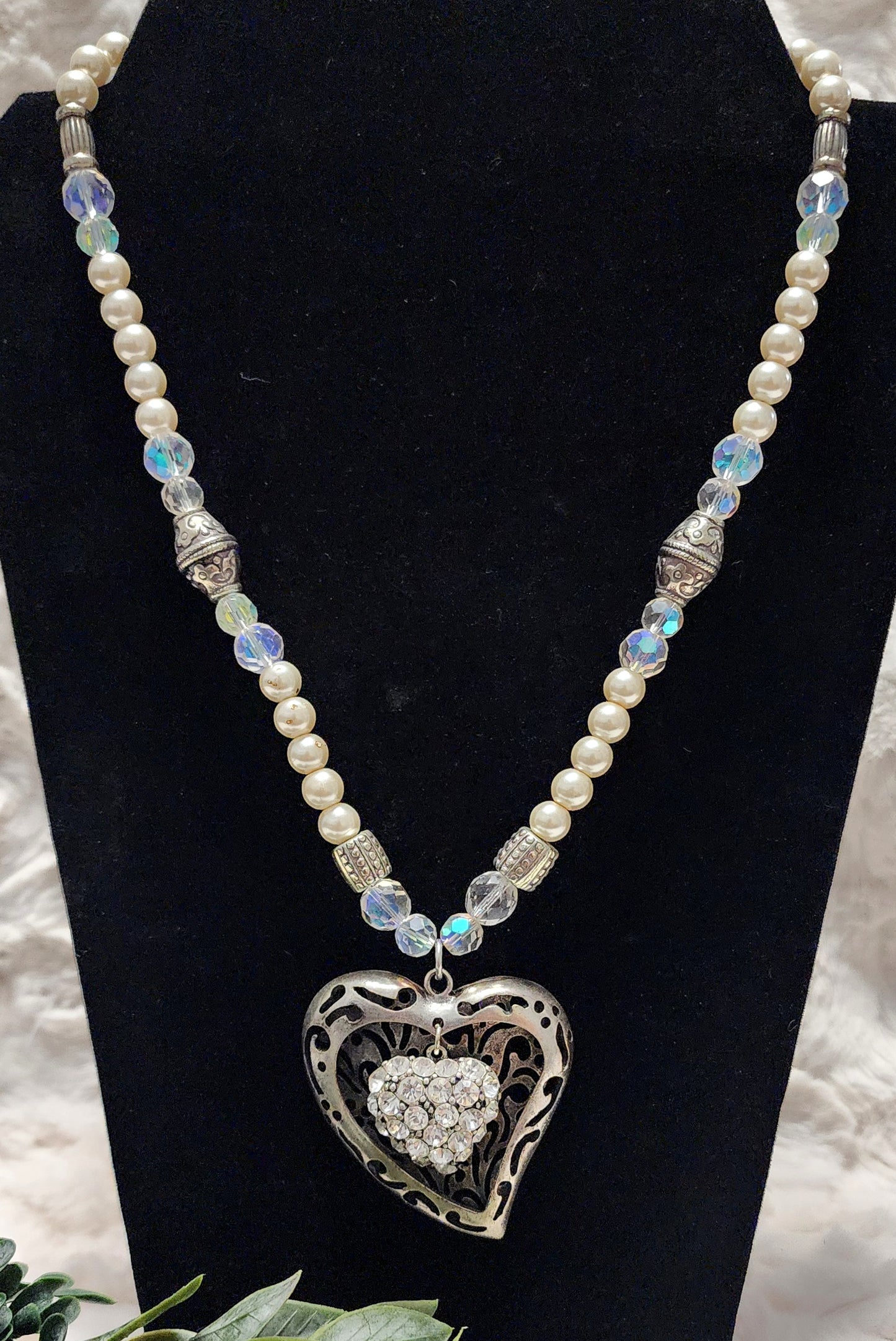 Handmade Pearl Heart Pendant Necklace with Silver Colored & Rhinestone Accents