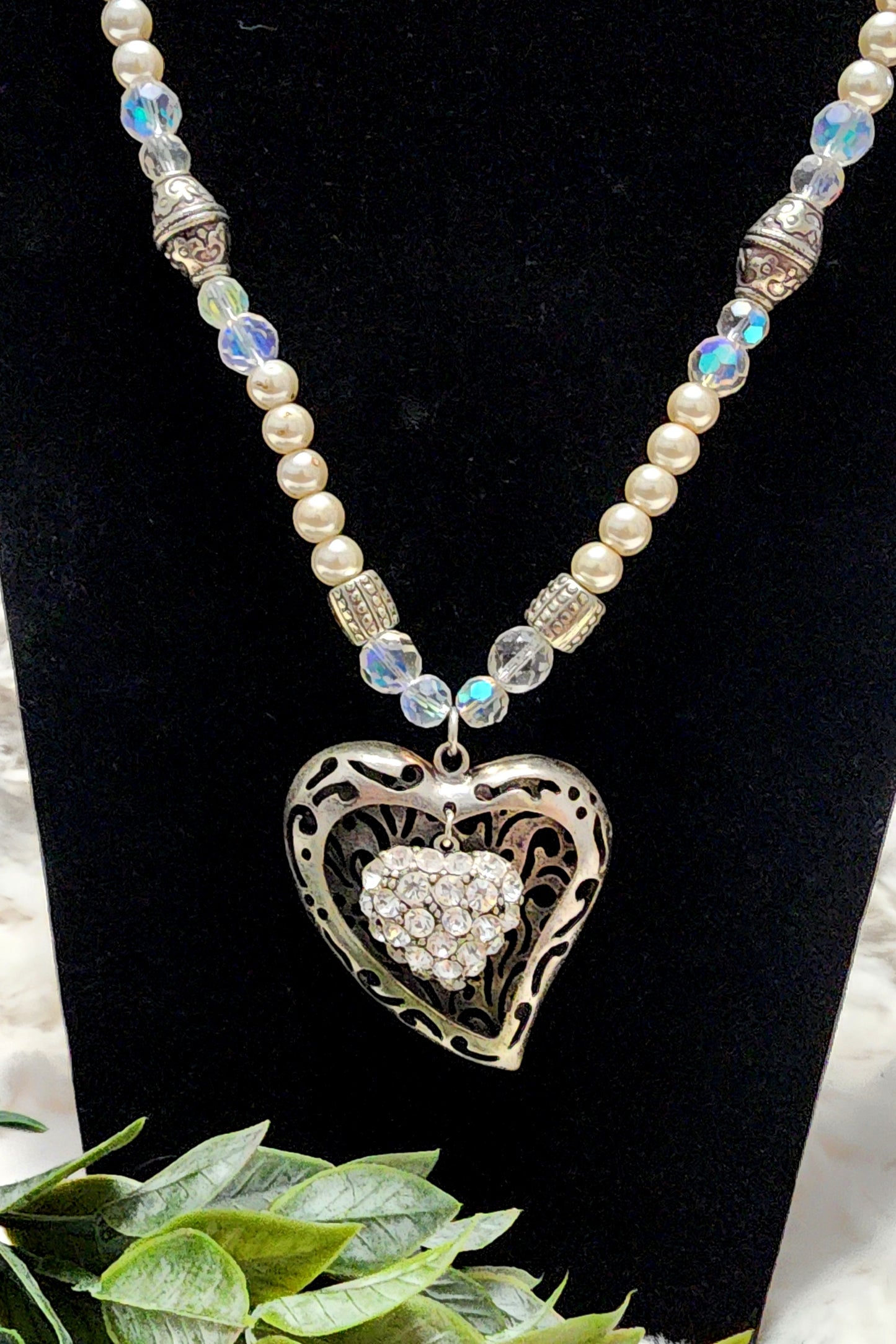 Handmade Pearl Heart Pendant Necklace with Silver Colored & Rhinestone Accents