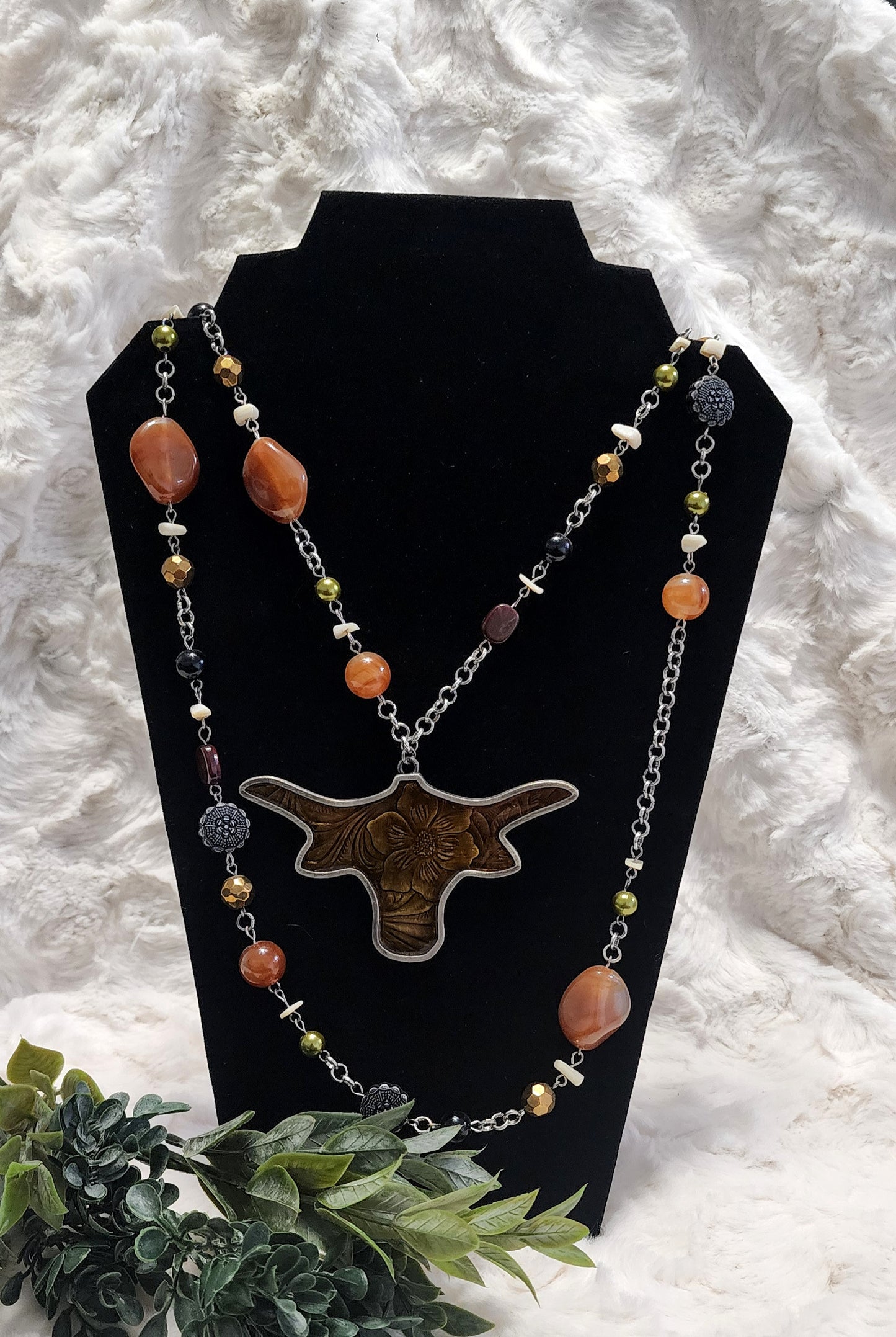 Handmade Multi-Layered Longhorn Pendant Chain & Beaded Necklace