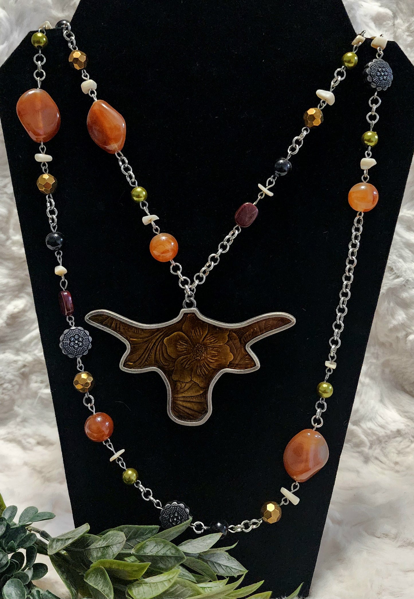 Handmade Multi-Layered Longhorn Pendant Chain & Beaded Necklace