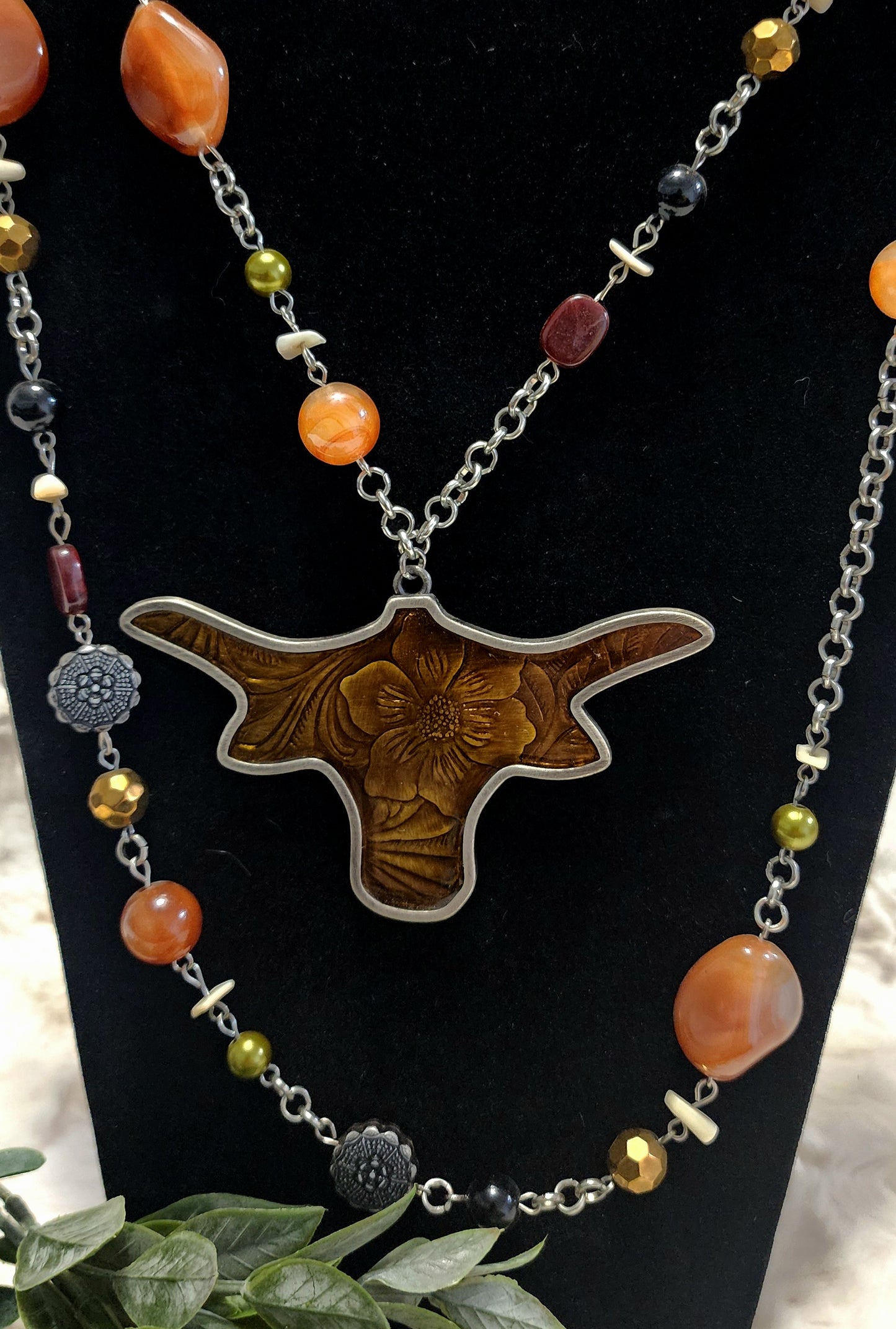 Handmade Multi-Layered Longhorn Pendant Chain & Beaded Necklace