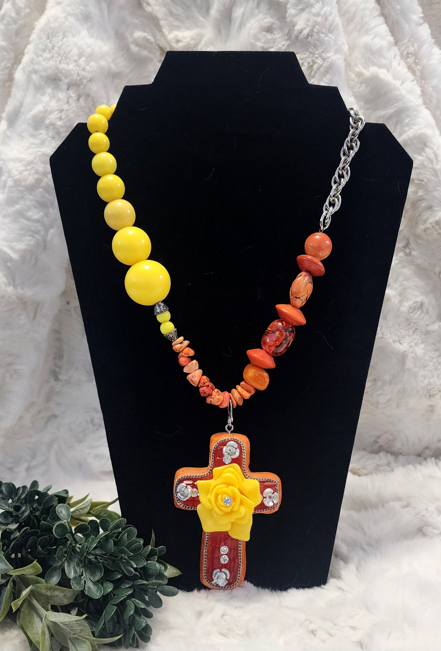 Vintage & Handmade Yellow, Red & Orange Cross Pendant Beaded Necklace
