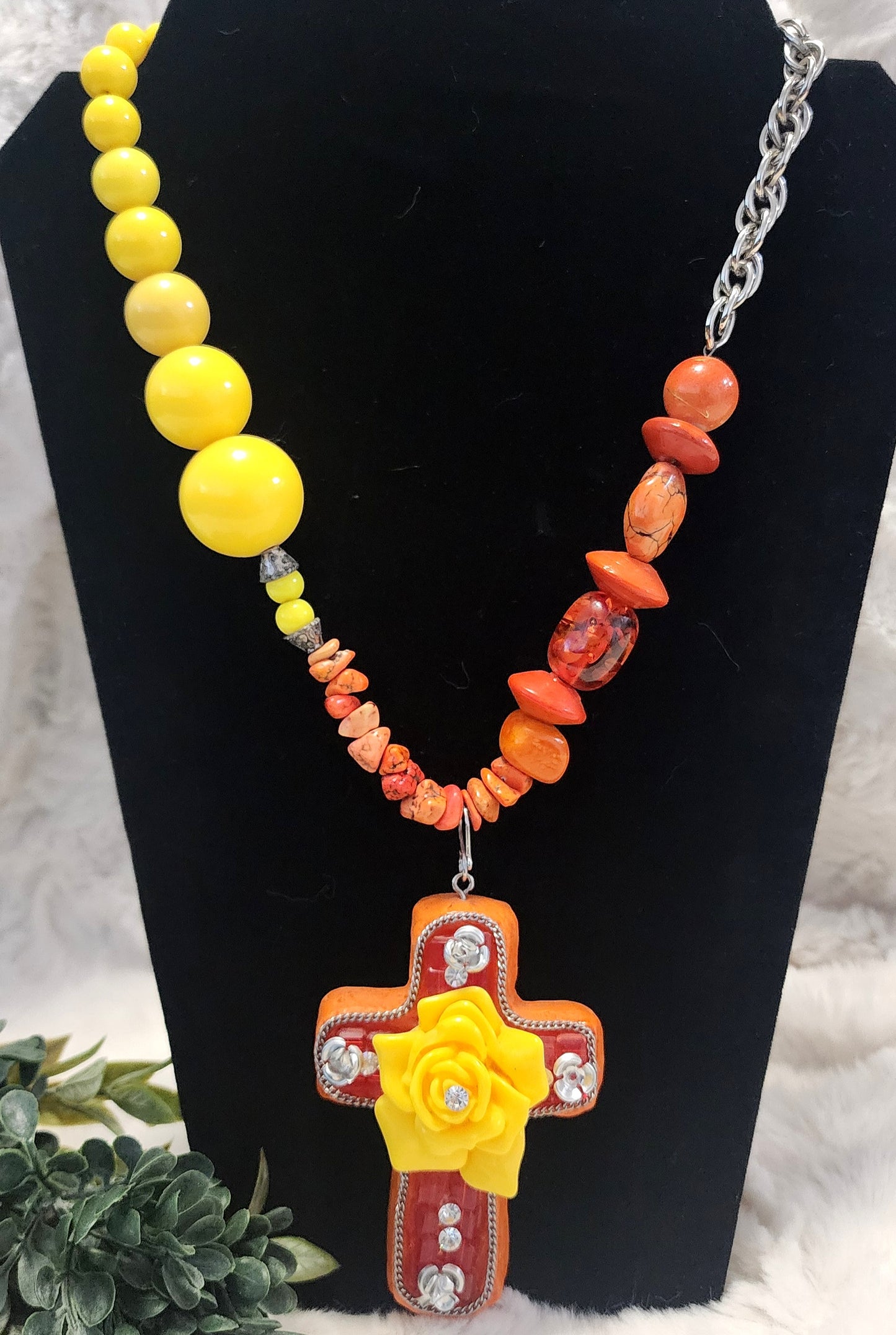 Vintage & Handmade Yellow, Red & Orange Cross Pendant Beaded Necklace