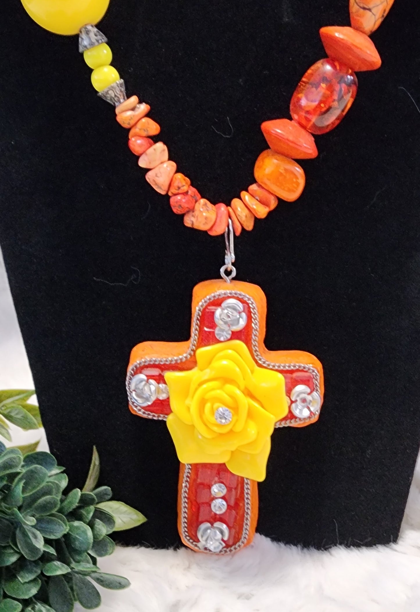 Vintage & Handmade Yellow, Red & Orange Cross Pendant Beaded Necklace