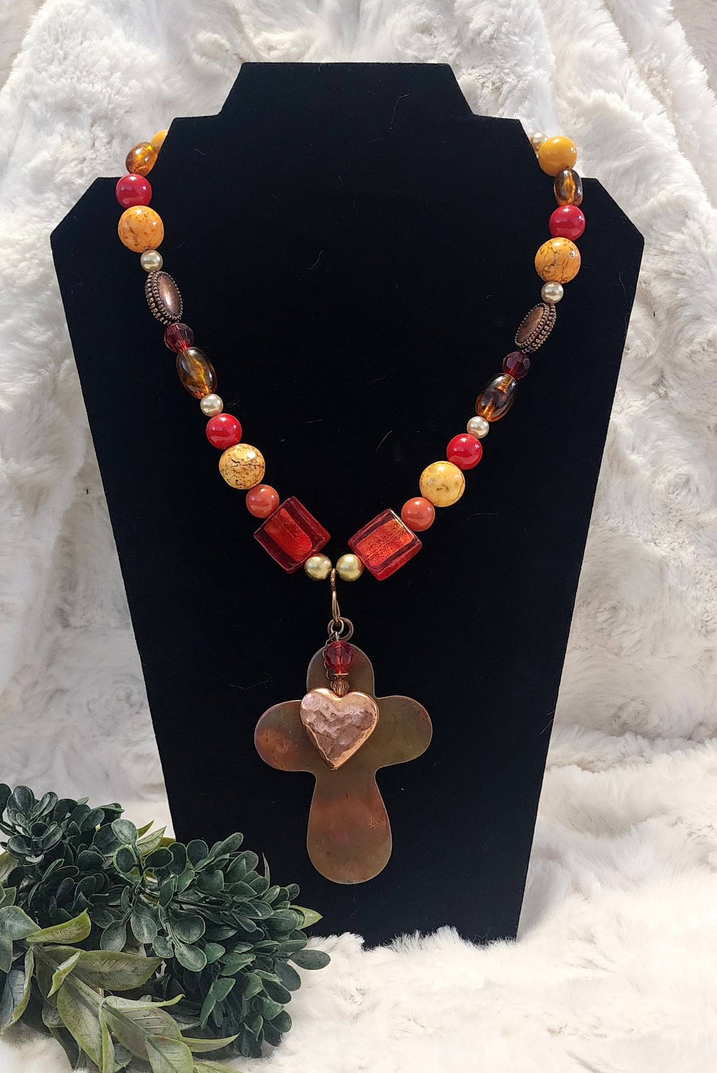 Vintage & Handmade Red, Orange, Gold & Copper Necklace with Cross & Heart Pendants