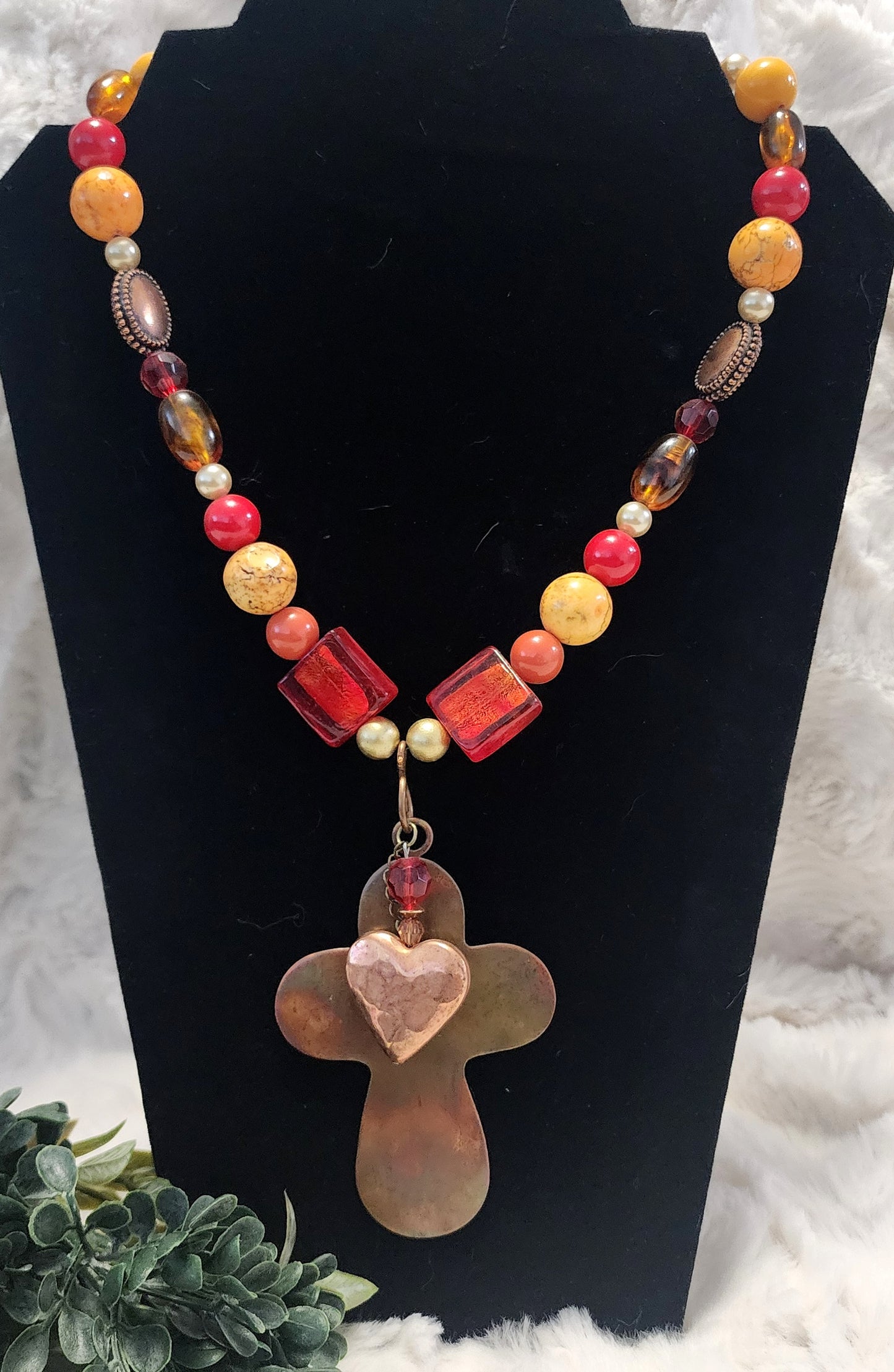 Vintage & Handmade Red, Orange, Gold & Copper Necklace with Cross & Heart Pendants