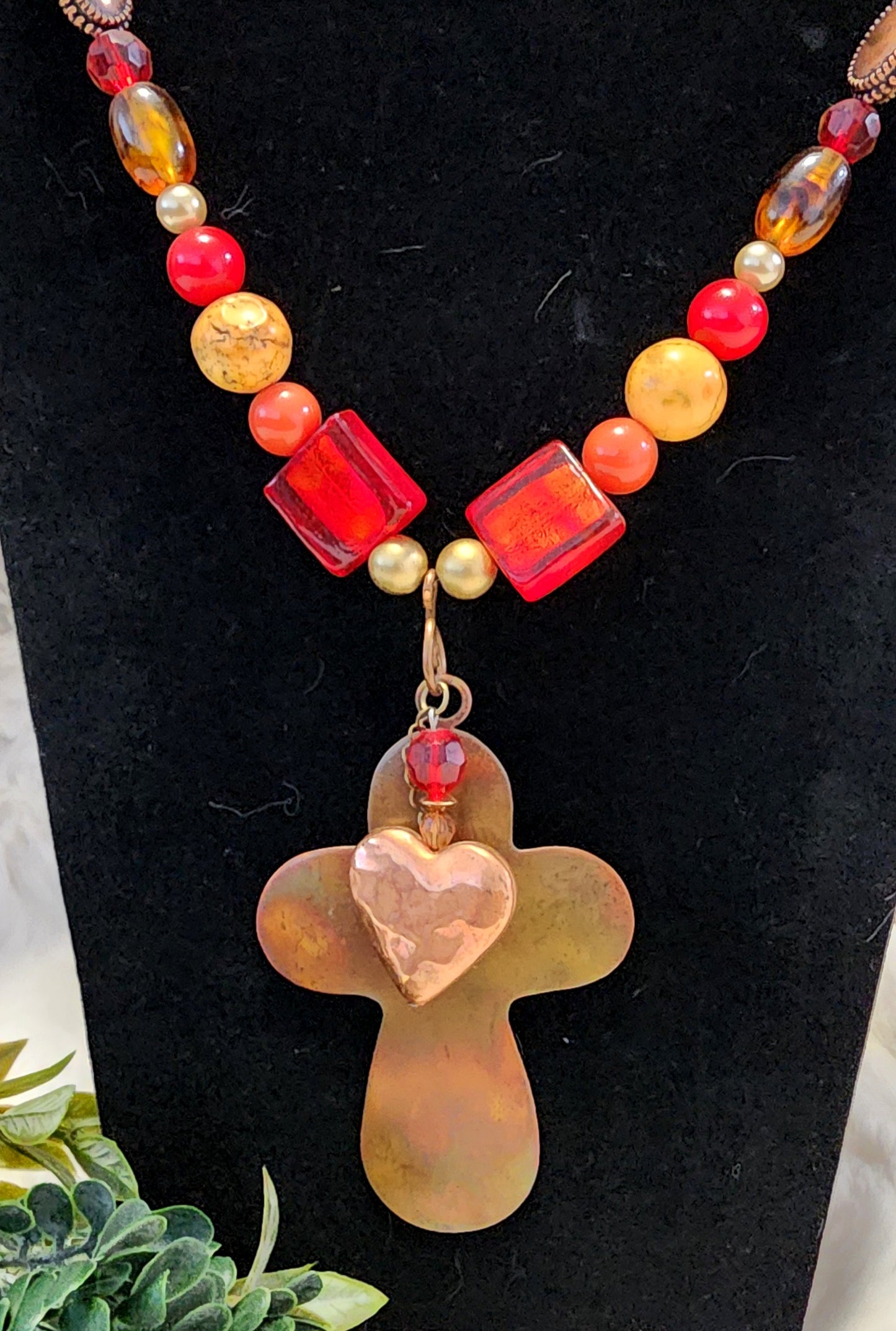 Vintage & Handmade Red, Orange, Gold & Copper Necklace with Cross & Heart Pendants