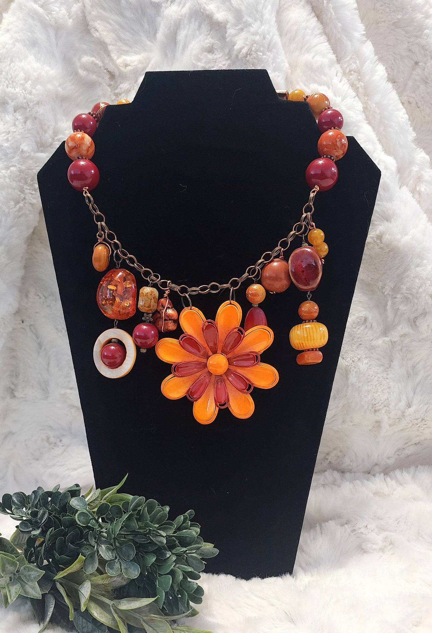 Mixed Vintage & Homemade Red & Orange Beaded Necklace Adorned with Charms and Pendants