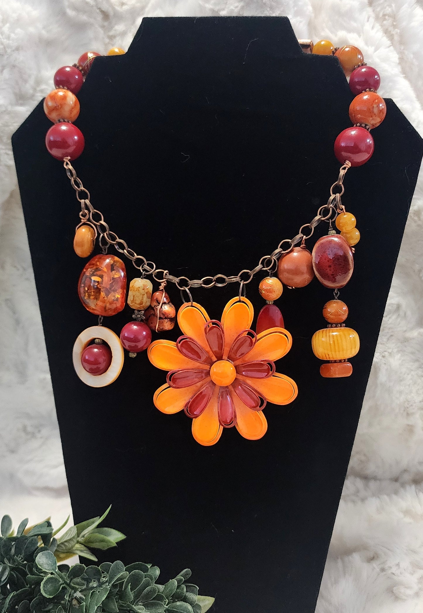 Mixed Vintage & Homemade Red & Orange Beaded Necklace Adorned with Charms and Pendants