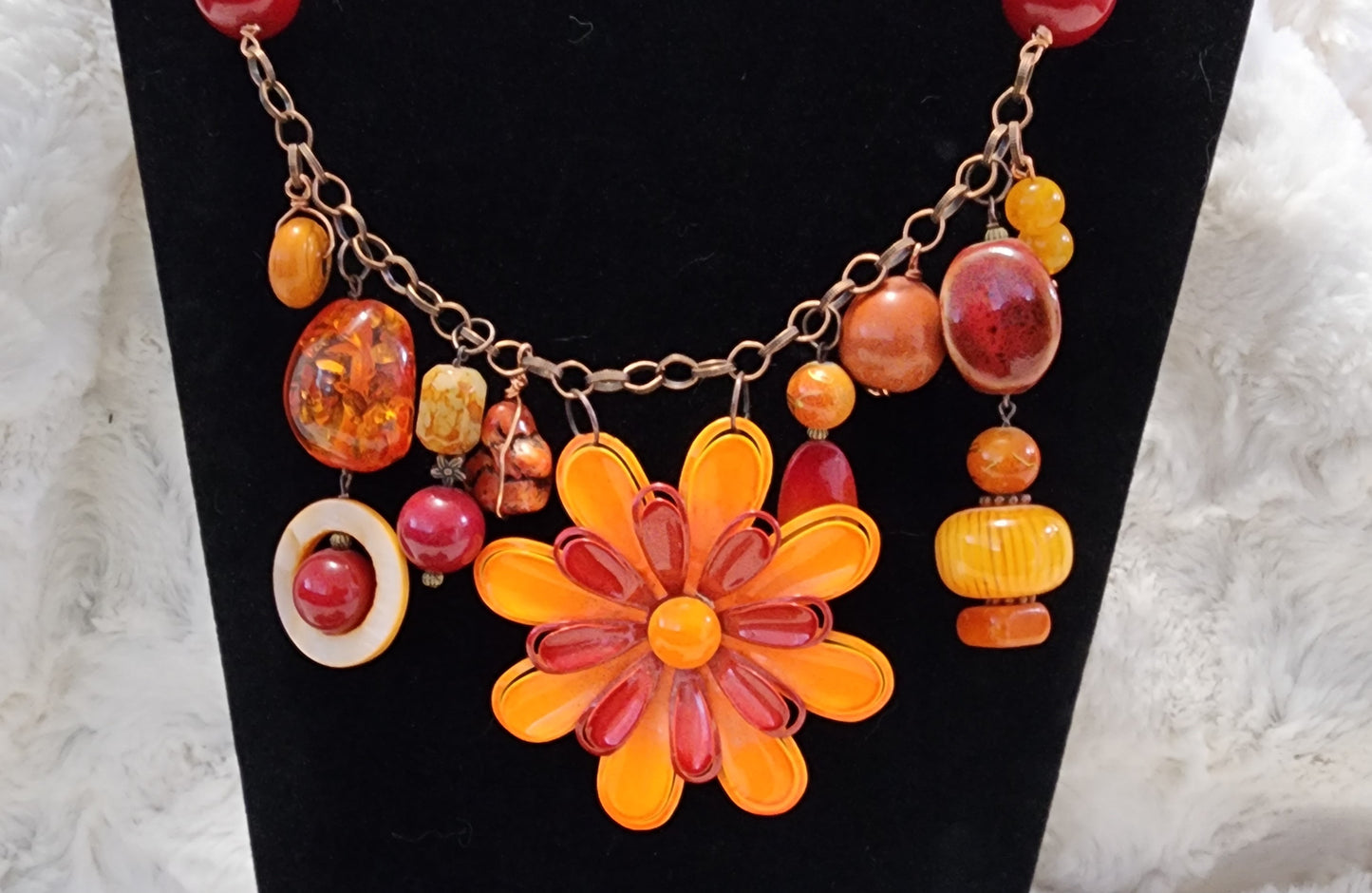 Mixed Vintage & Homemade Red & Orange Beaded Necklace Adorned with Charms and Pendants