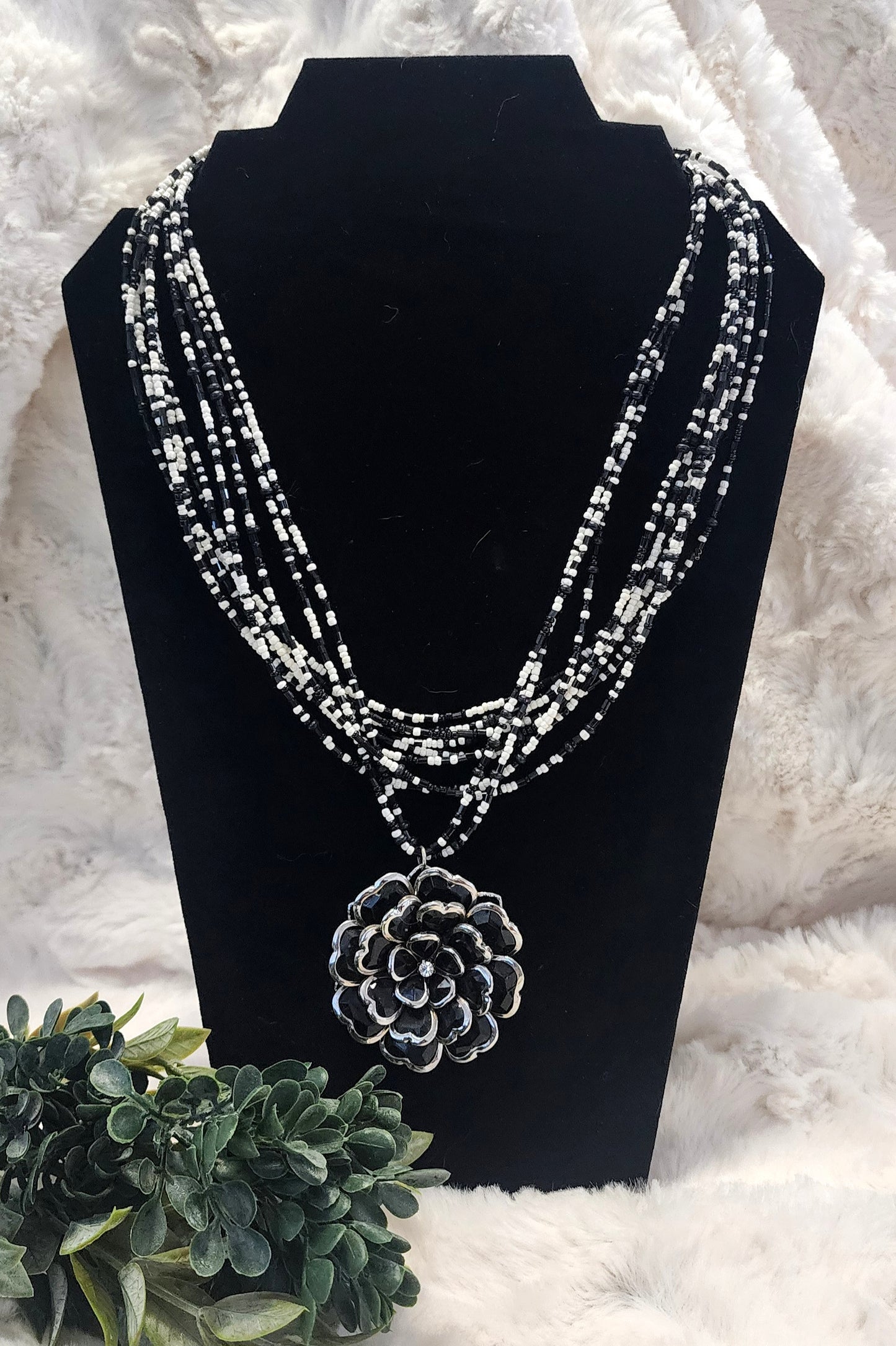 Vintage & Handmade Black & White Beaded Necklace with Floral Pendant