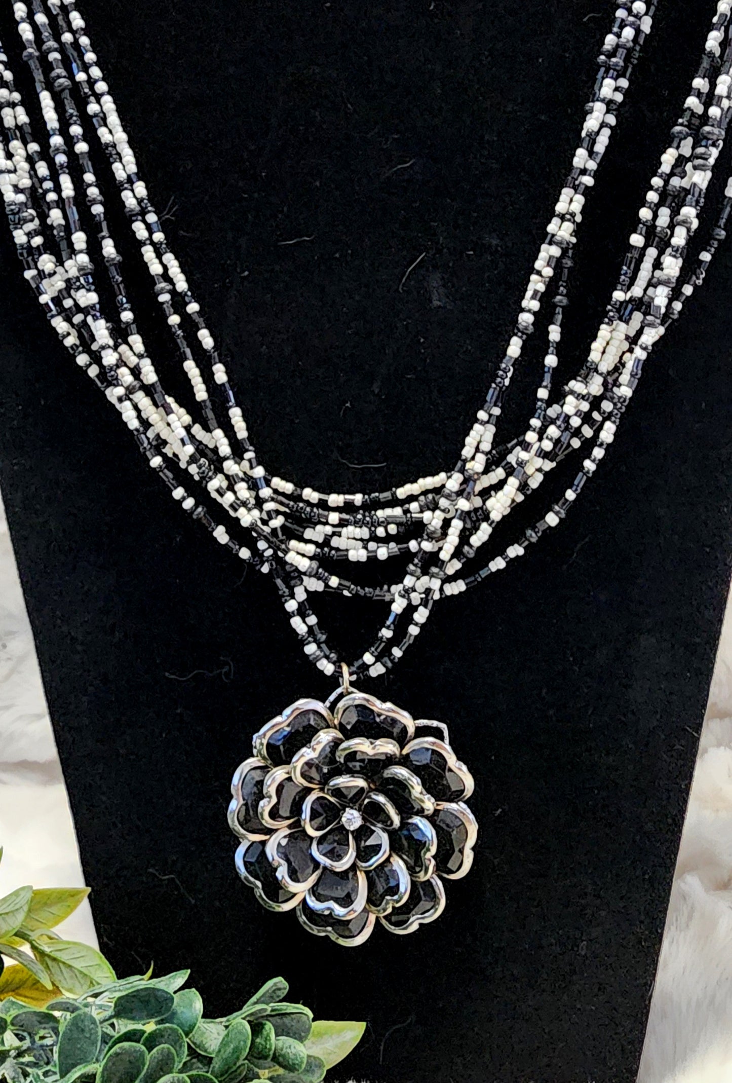 Vintage & Handmade Black & White Beaded Necklace with Floral Pendant