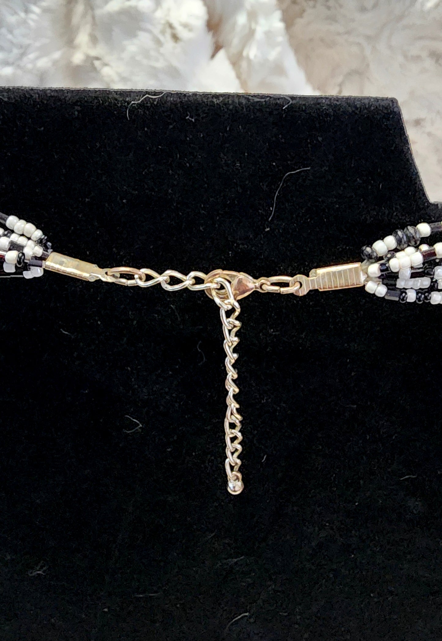 Vintage & Handmade Black & White Beaded Necklace with Floral Pendant