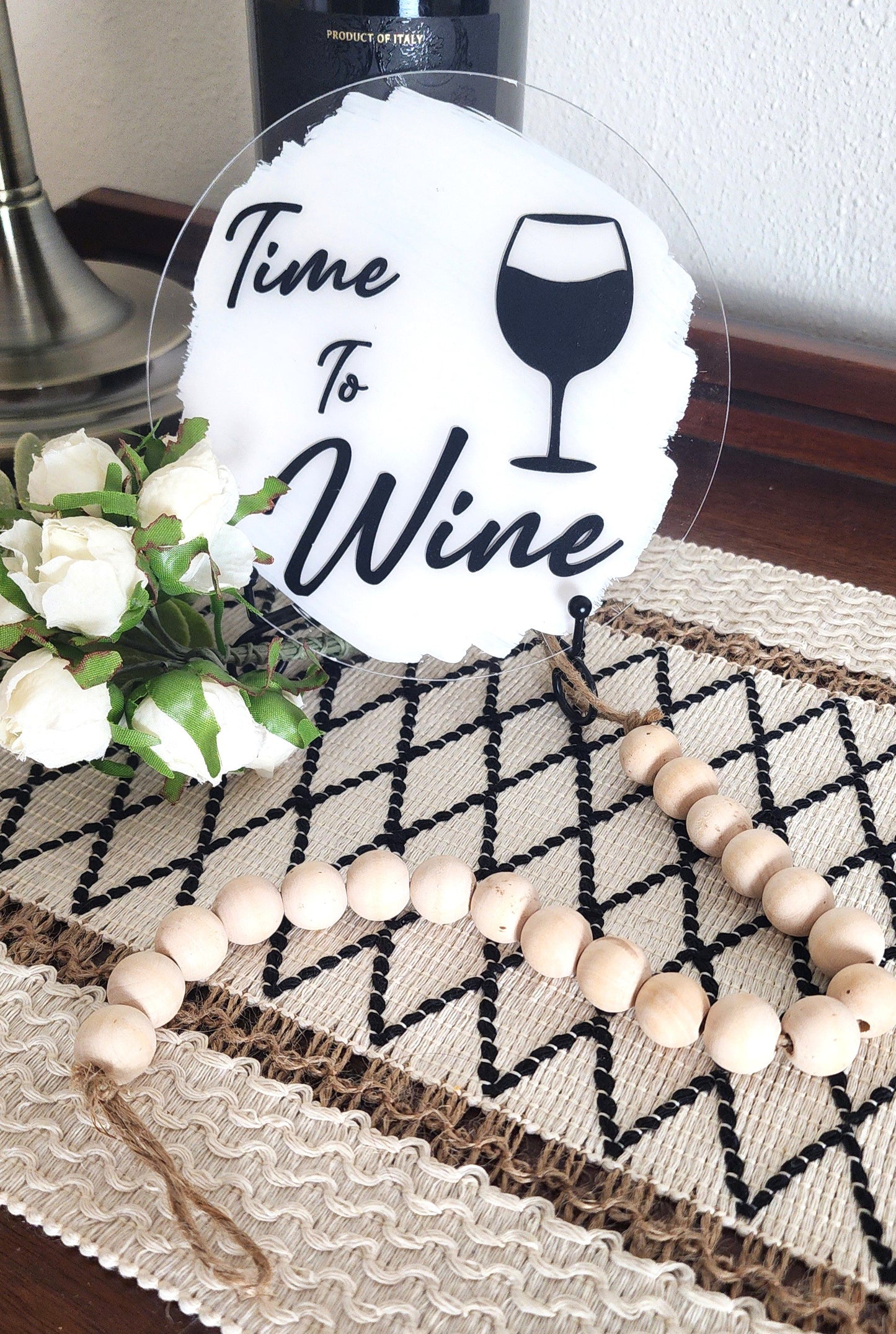 3 Piece Time To Wine Plaque with Stand & Wooden Beads