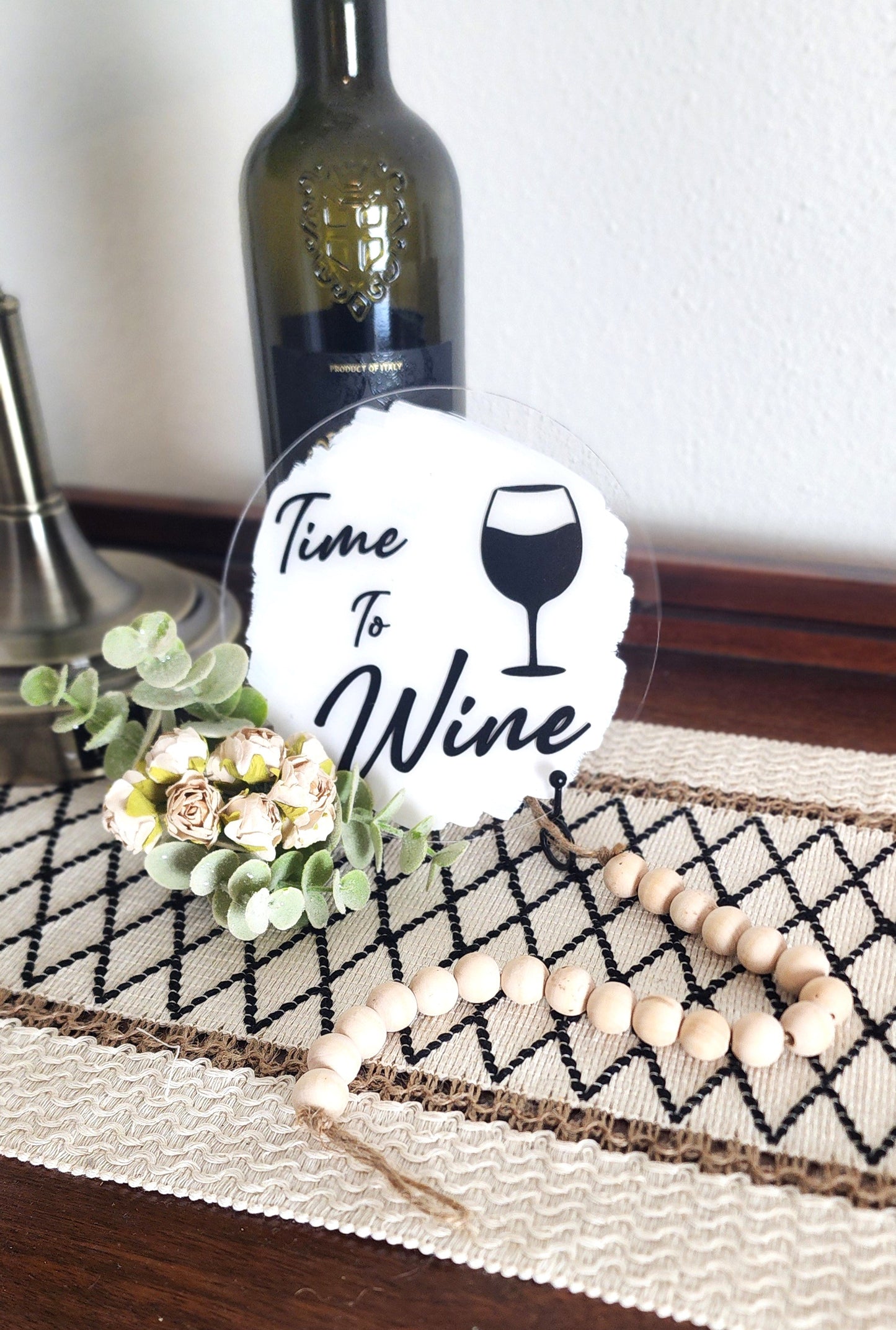 3 Piece Time To Wine Plaque with Stand & Wooden Beads