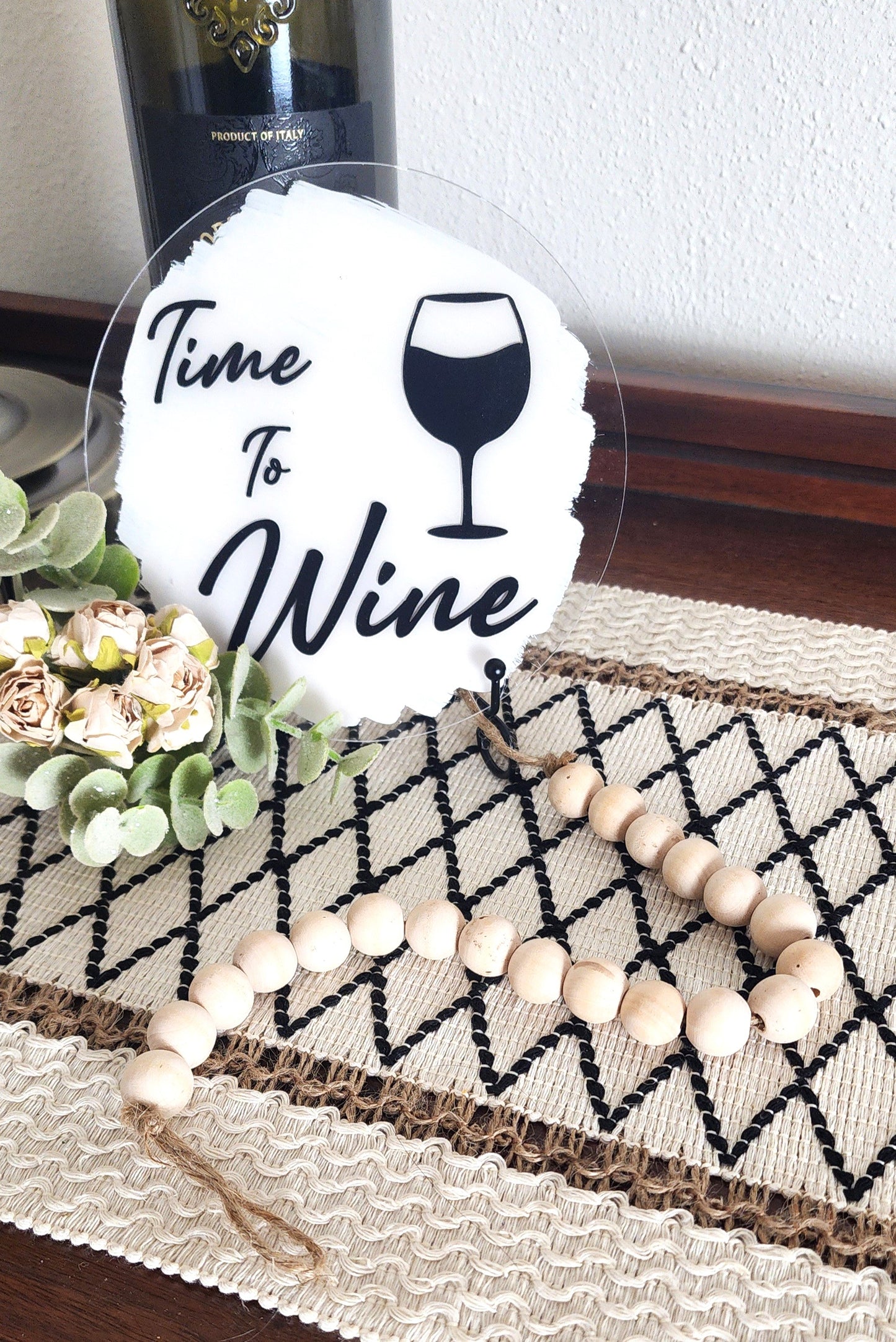 3 Piece Time To Wine Plaque with Stand & Wooden Beads