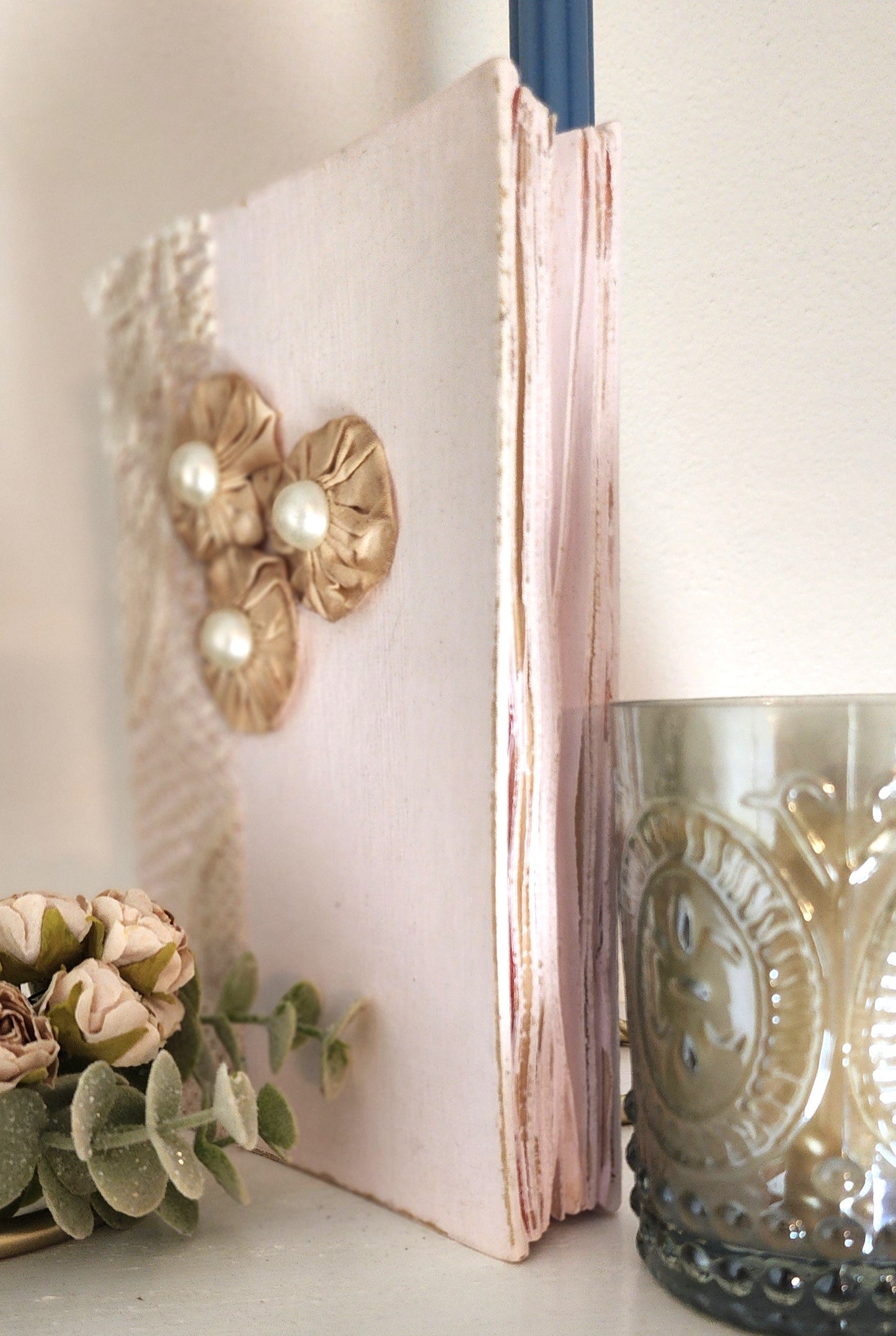 Hand-Crafted Book with Yo-Yo's, Pearls and Lace Accents