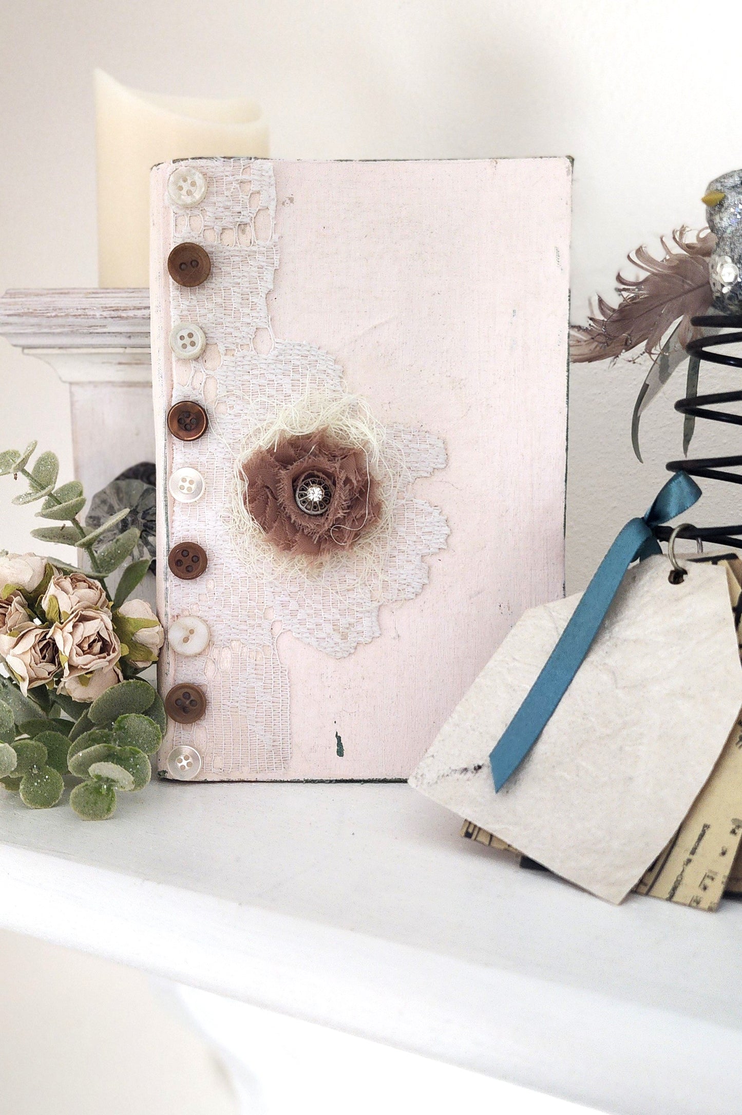Handmade Buttons & Lace Book Decor