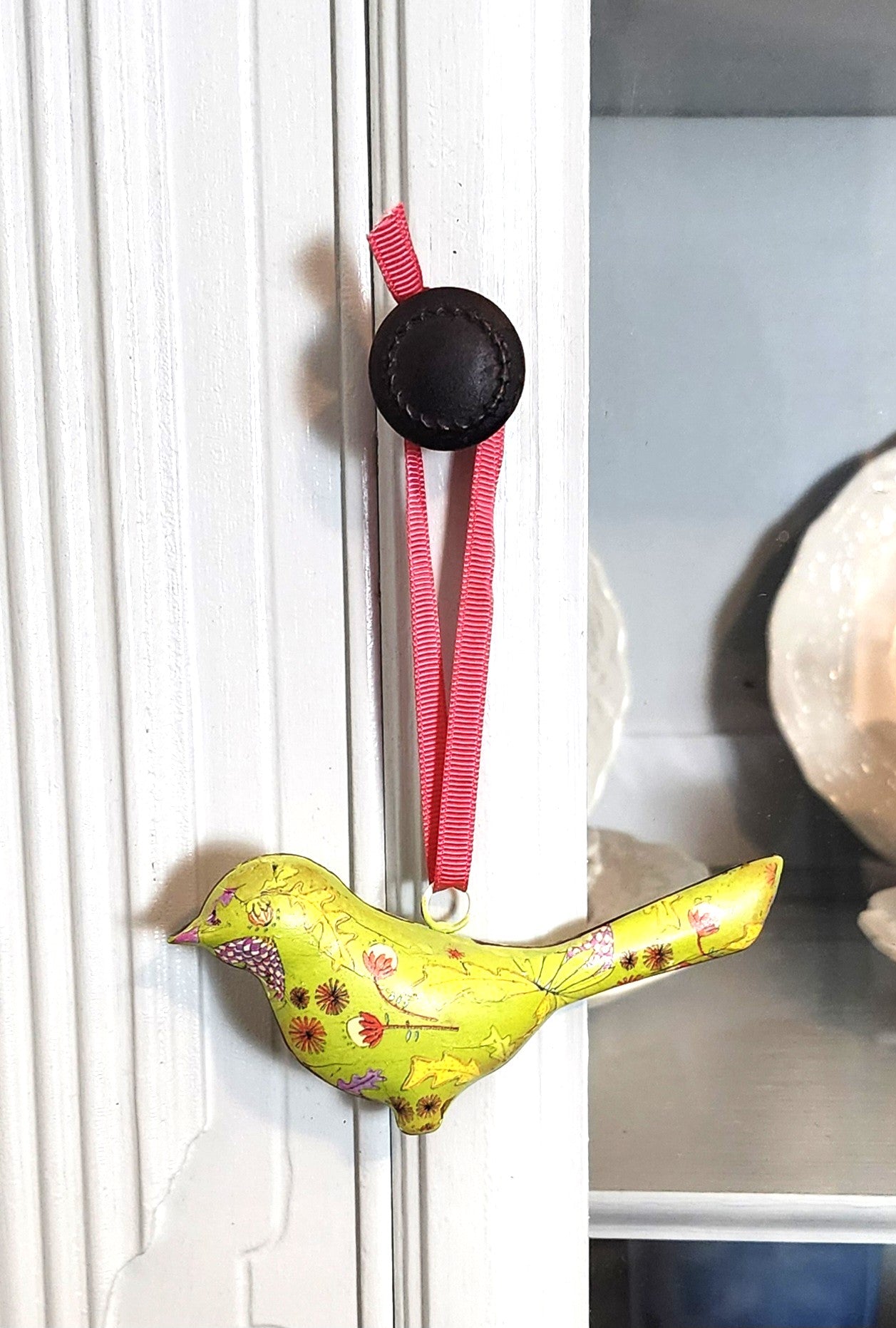 Vintage Lime Green Floral Metal Bird Ornament