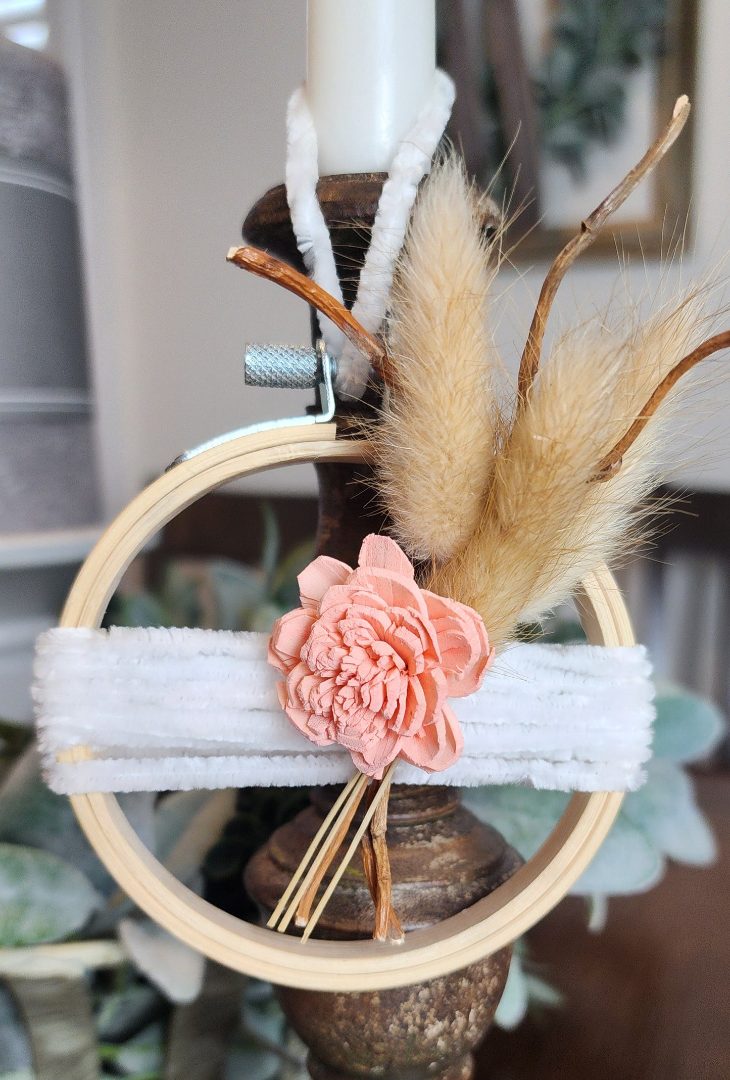 Coral Floral & Wheat Embroidery Hoop Ornament