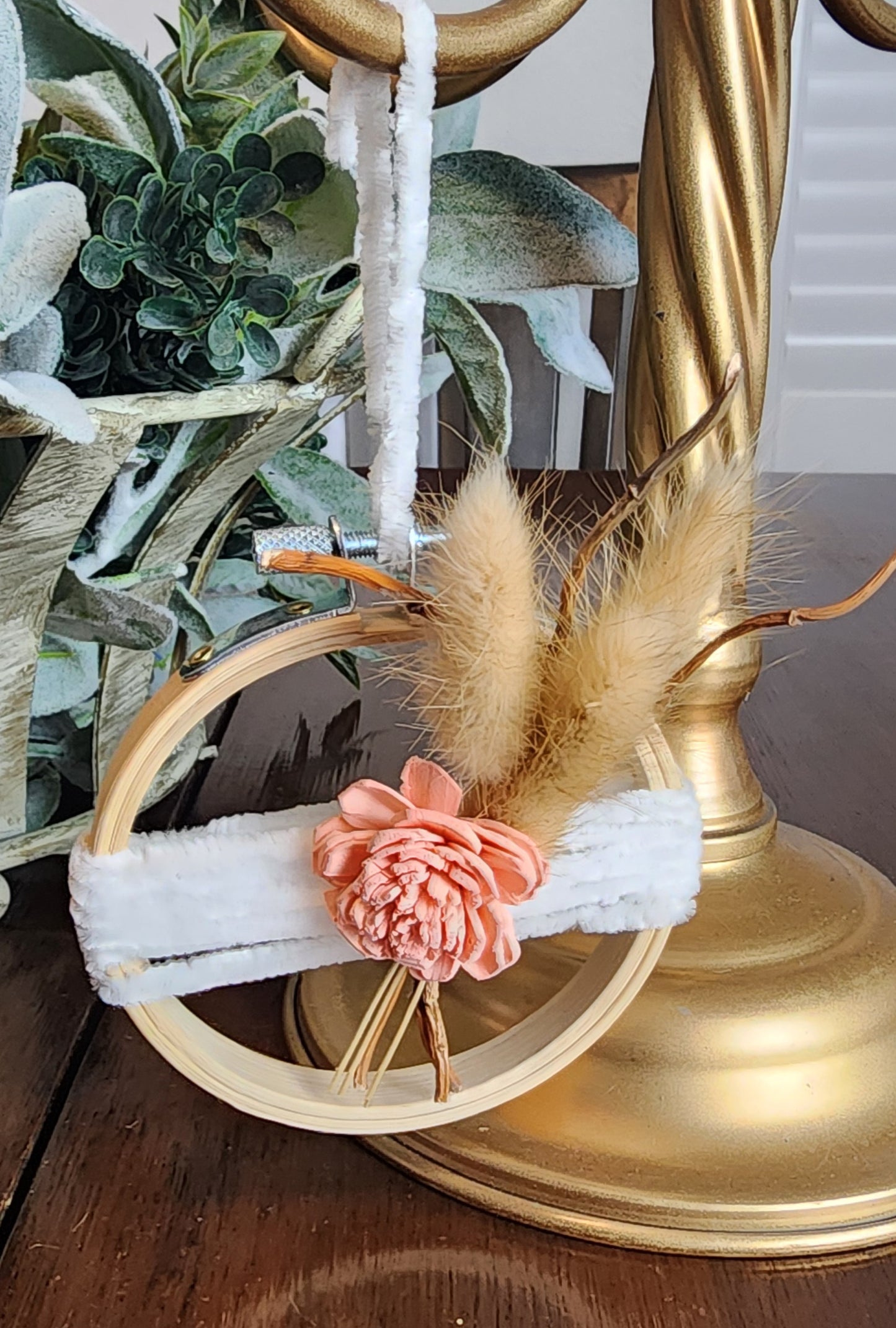 Coral Floral & Wheat Embroidery Hoop Ornament