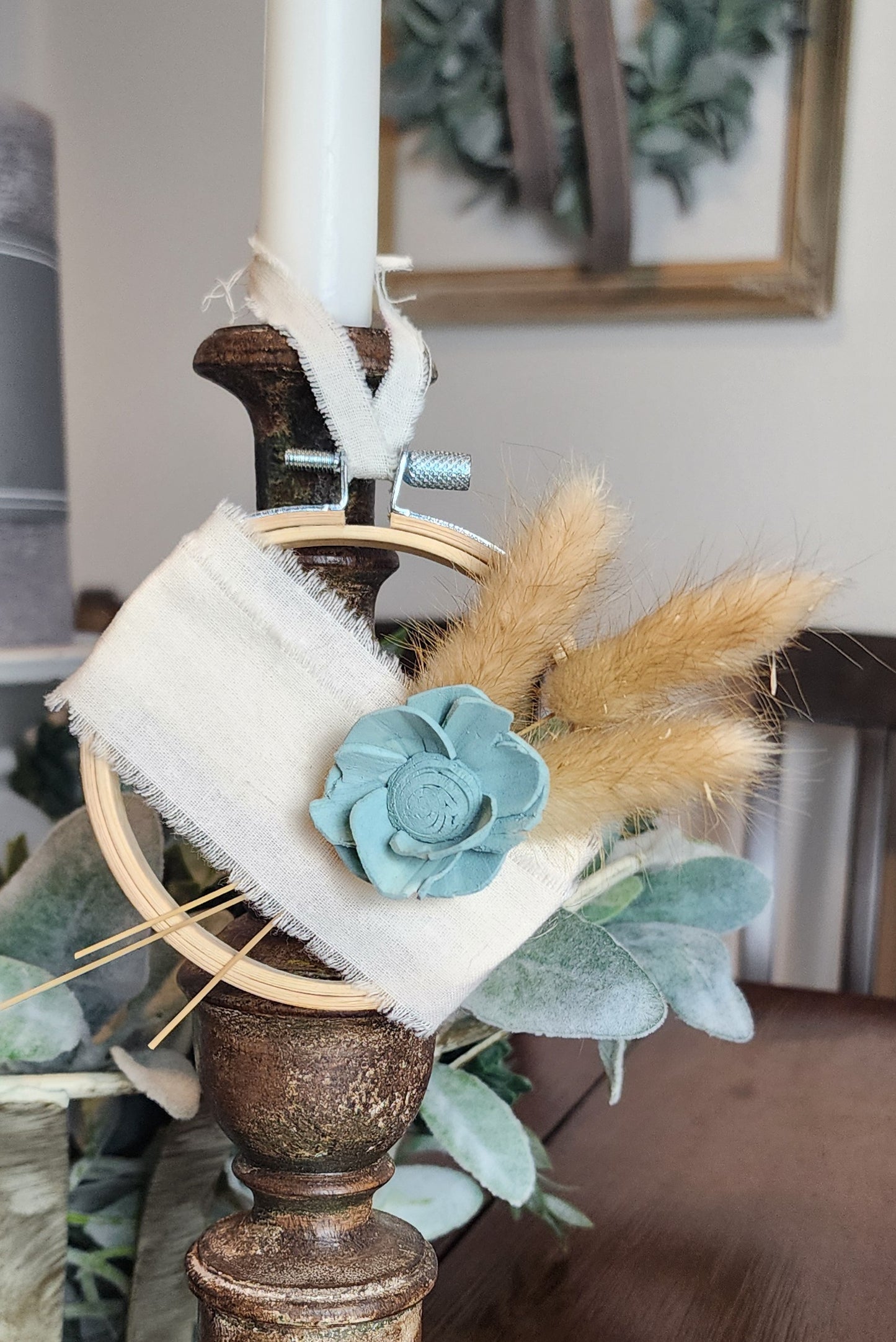 Teal Flowered Wall Ornament with Wheat Accents
