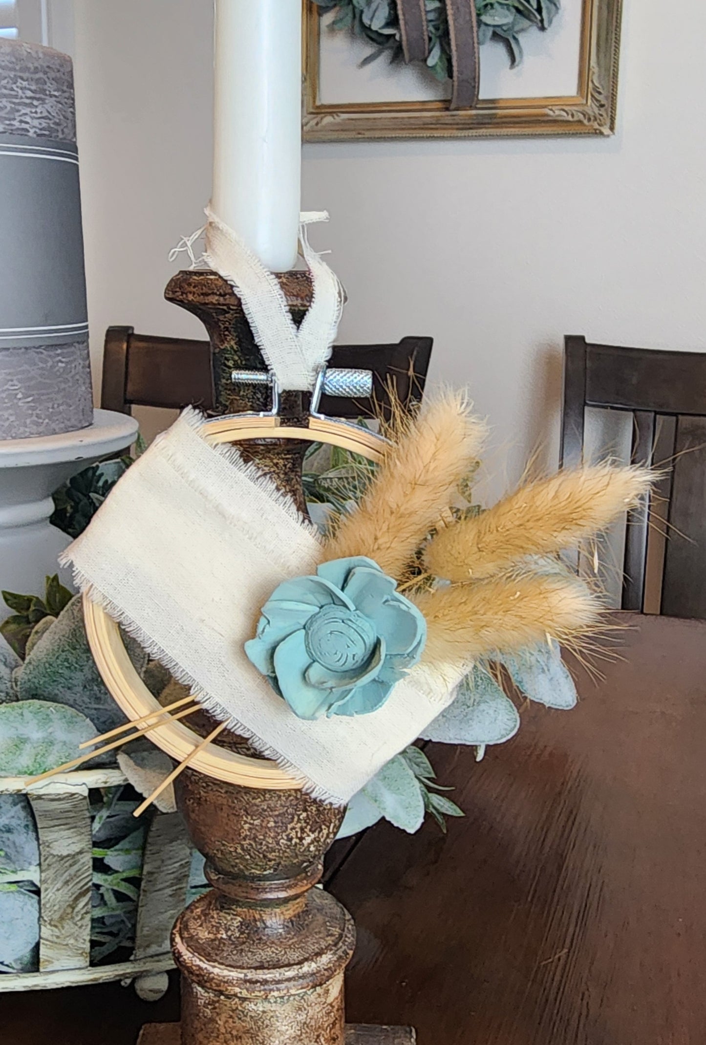 Teal Flowered Wall Ornament with Wheat Accents