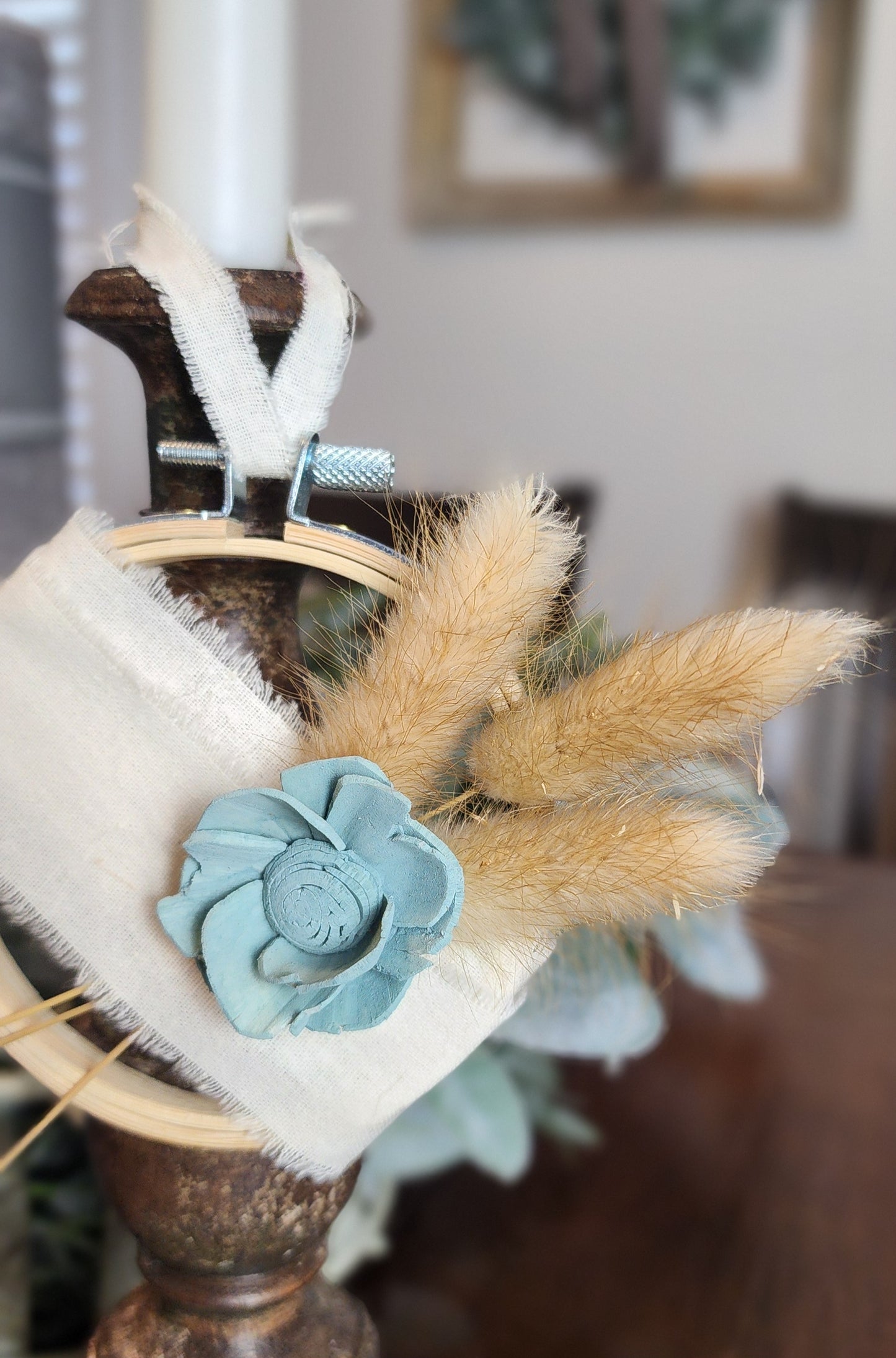 Teal Flowered Wall Ornament with Wheat Accents