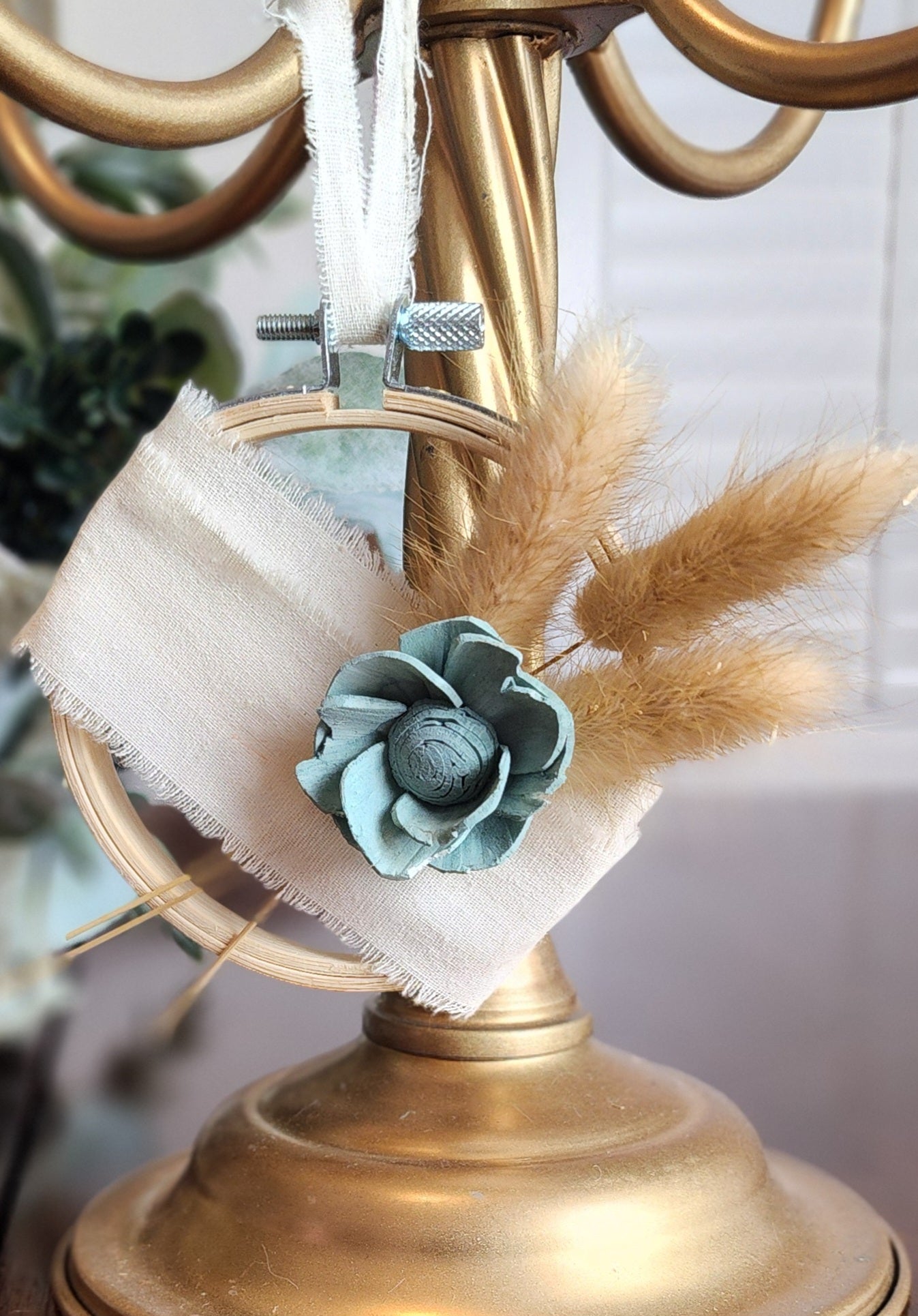 Teal Flowered Wall Ornament with Wheat Accents