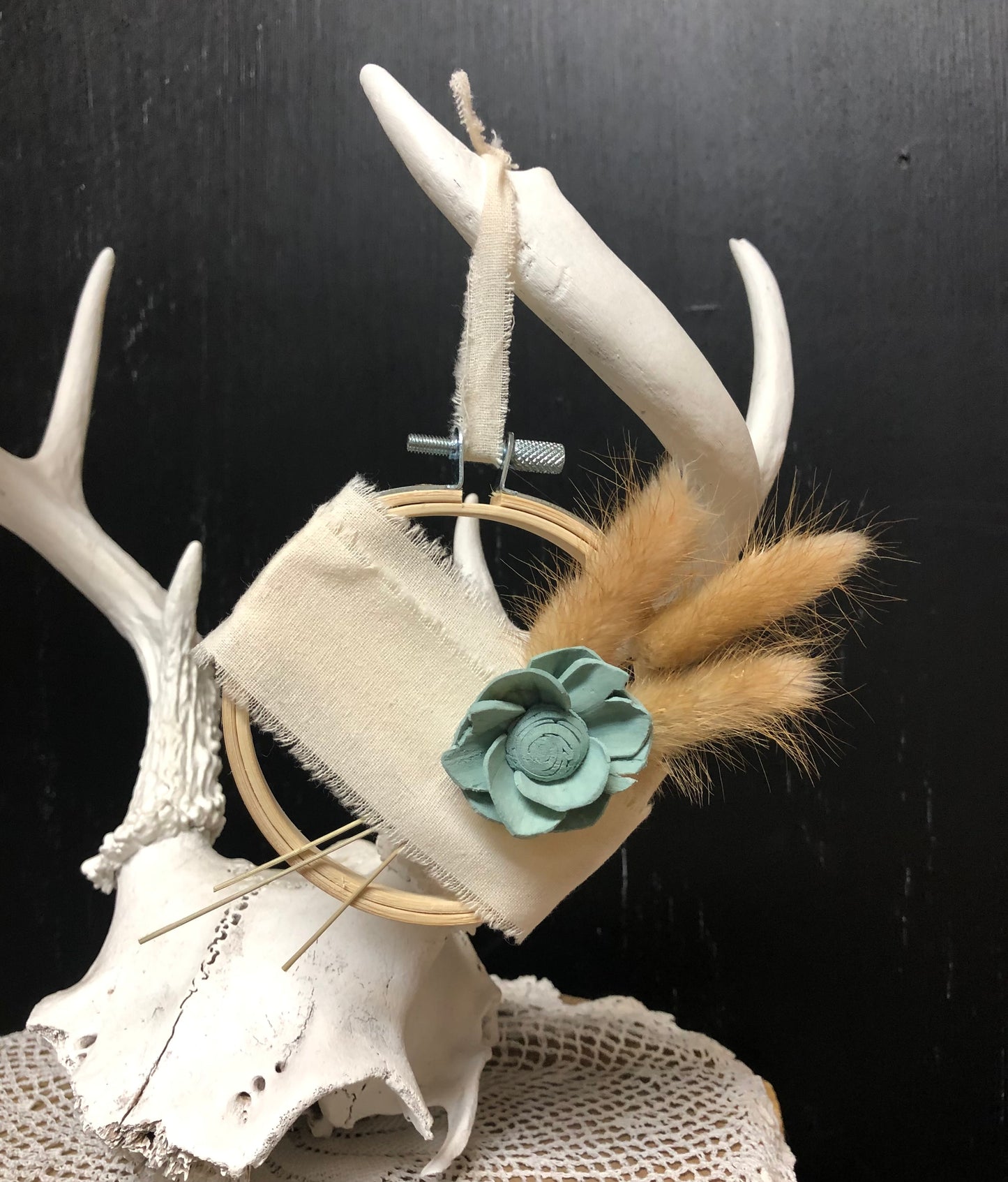 Teal Flowered Wall Ornament with Wheat Accents