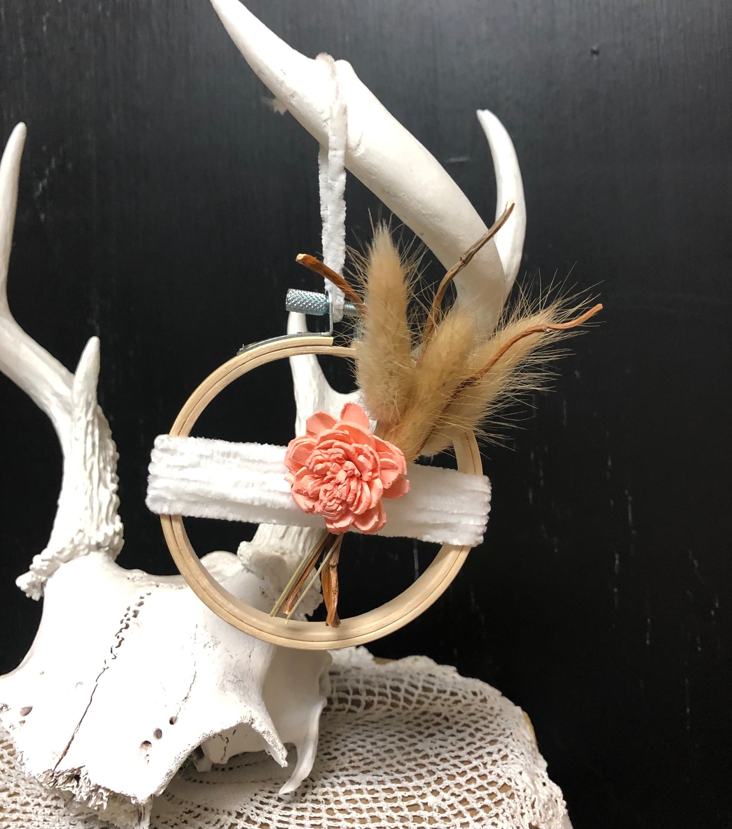 Coral Floral & Wheat Embroidery Hoop Ornament