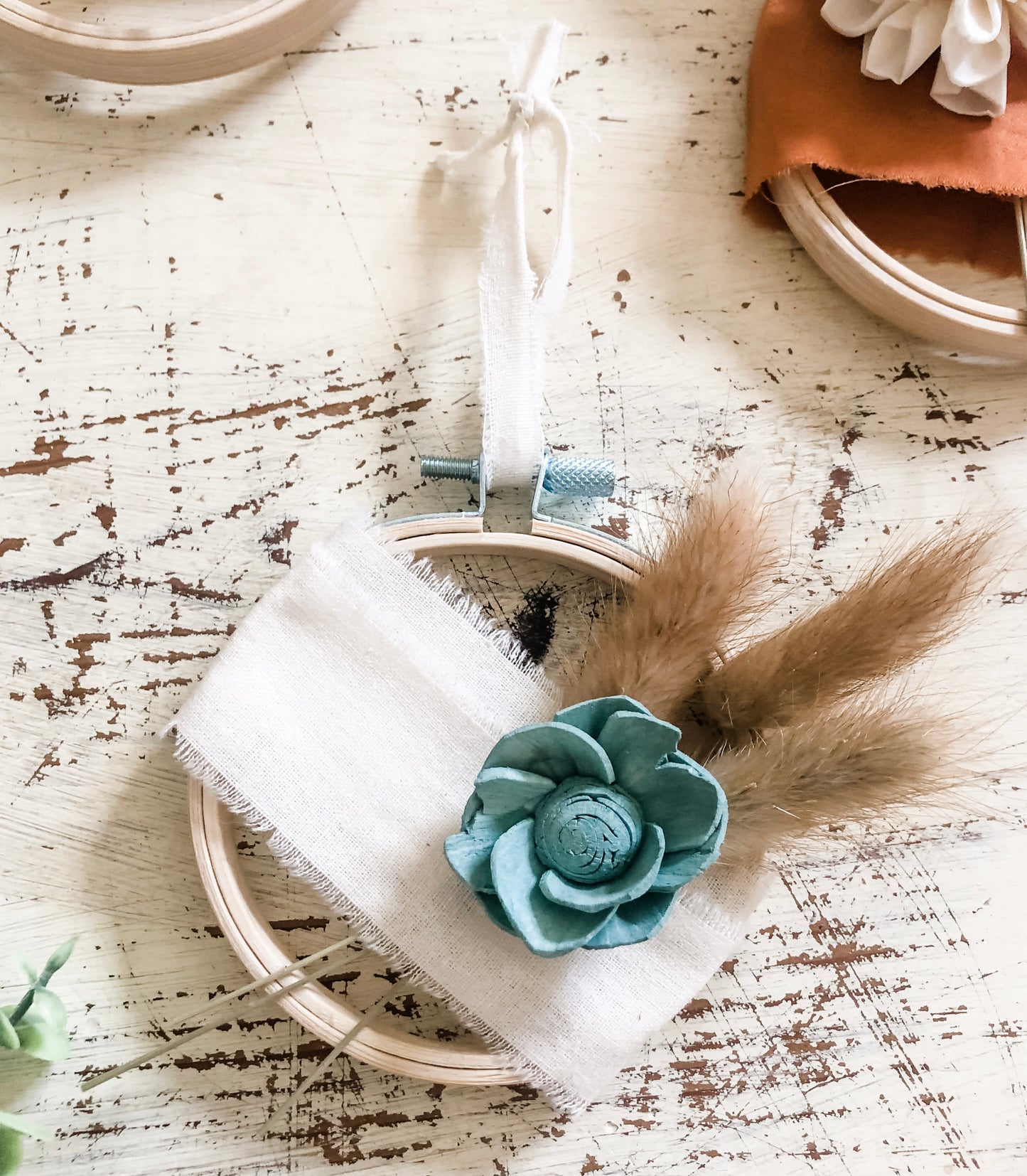 Teal Flowered Wall Ornament with Wheat Accents