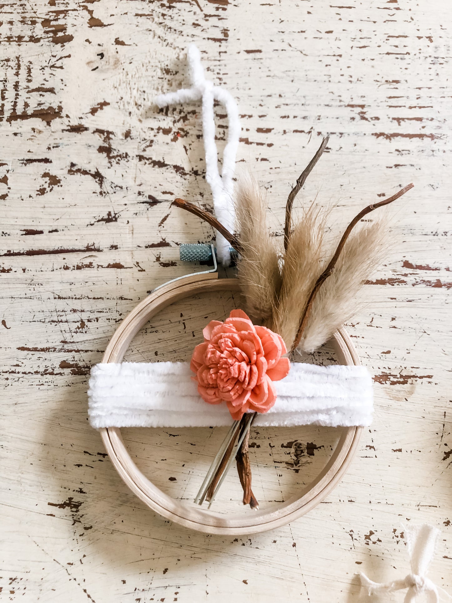 Coral Floral & Wheat Embroidery Hoop Ornament