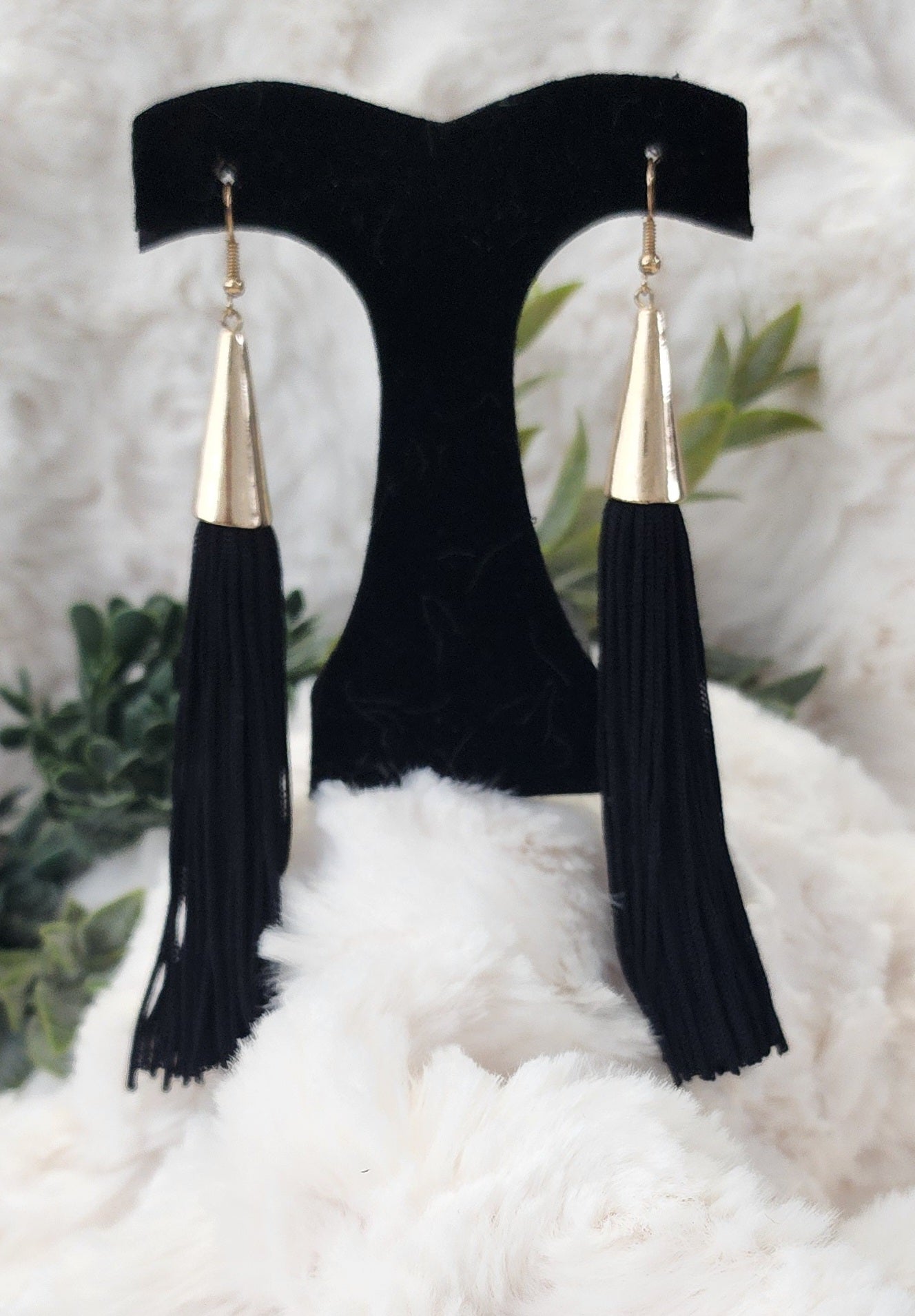 Long Black Tassel Earrings with Gold-Colored Accents