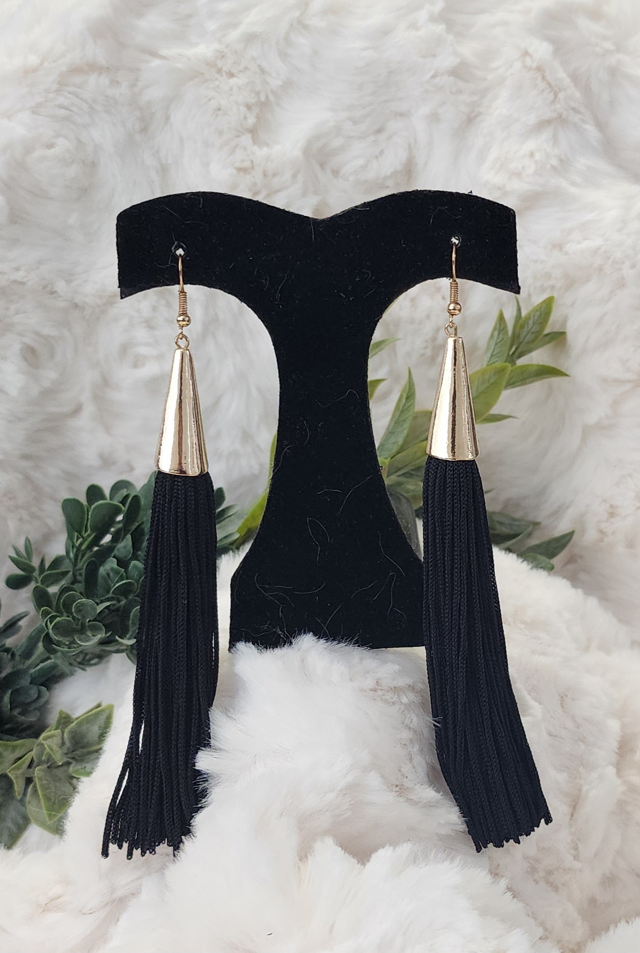 Long Black Tassel Earrings with Gold-Colored Accents