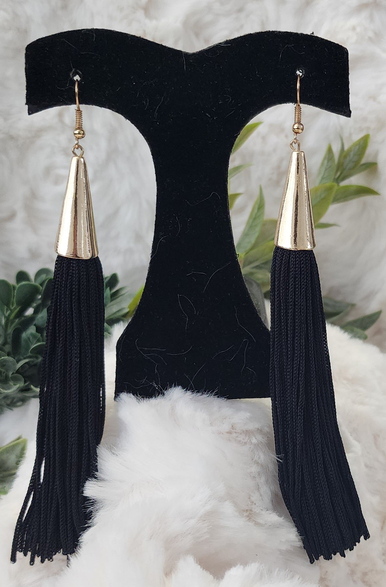 Long Black Tassel Earrings with Gold-Colored Accents