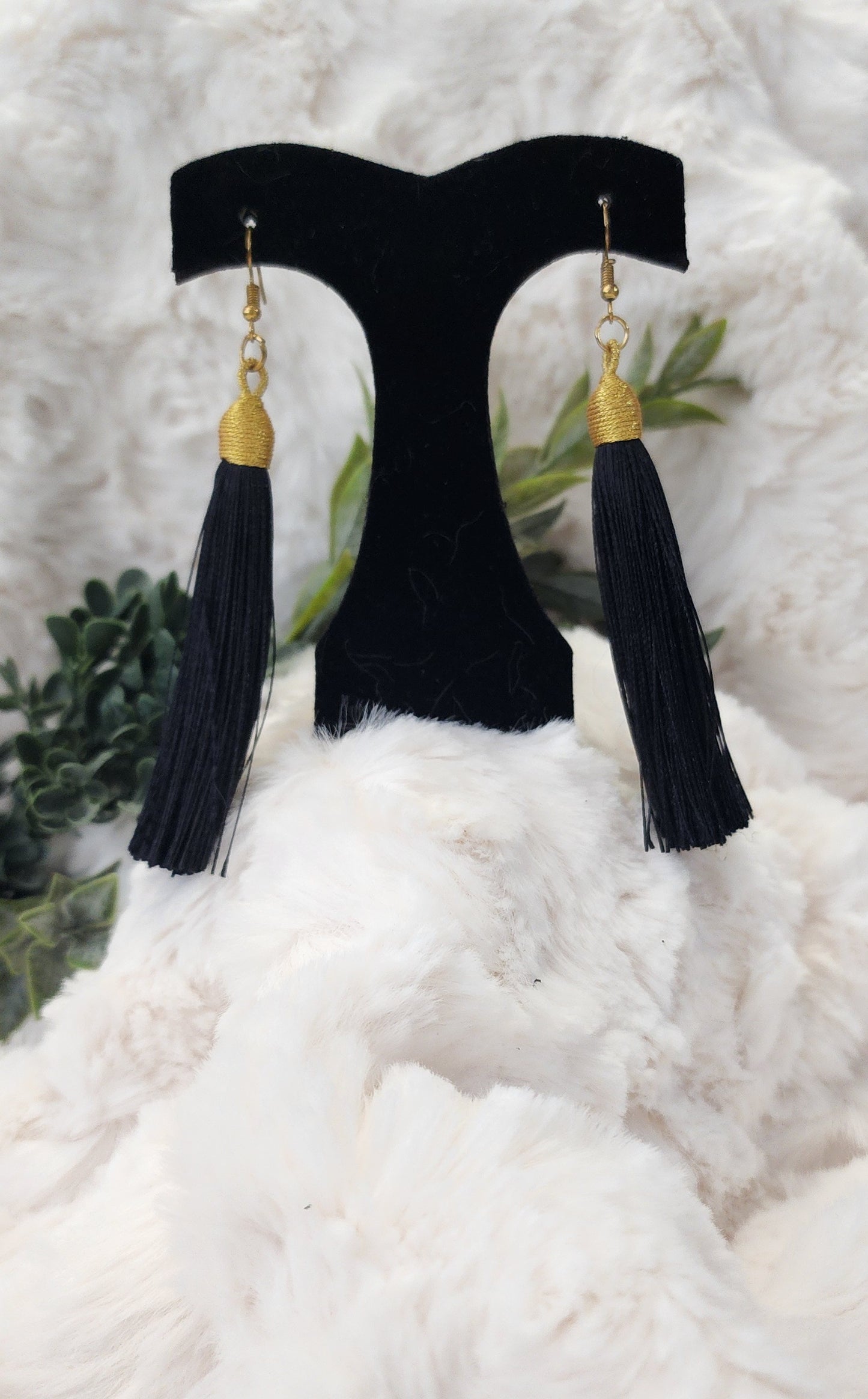 Long Gold and Black Tassel Earrings