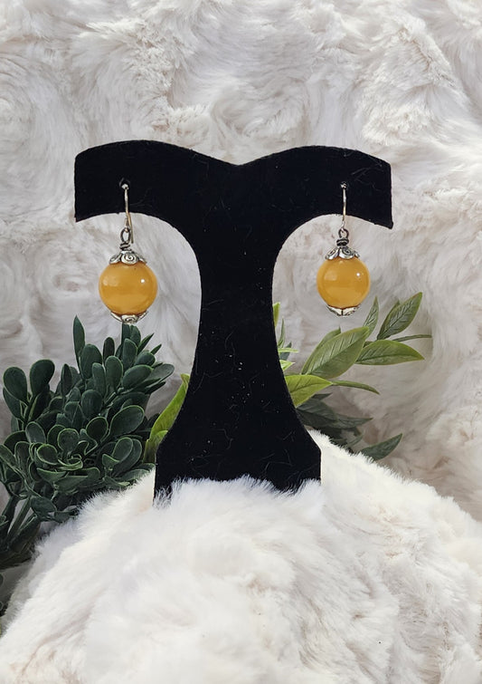 Mustard Yellow Beaded Earrings with Silver Accents