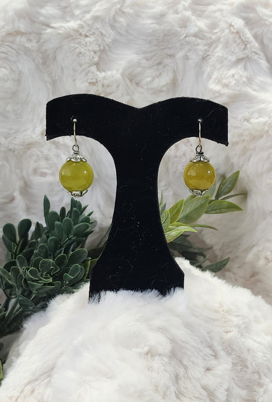 Olive Green Beaded Earrings with Silver Accents