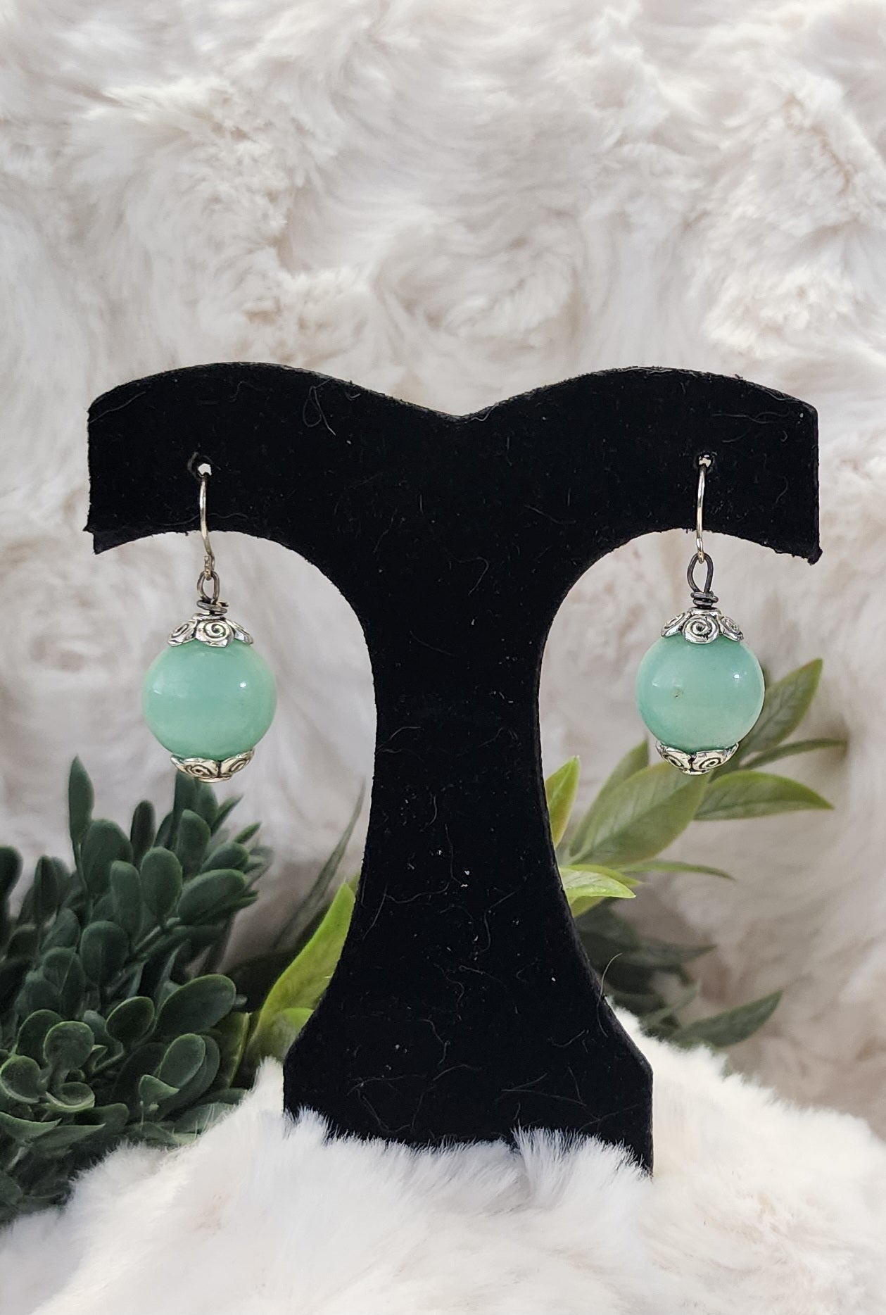 Sea Green Beaded Earrings with Silver Accents