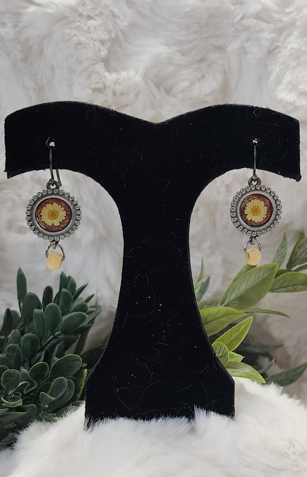 Vintage Yellow Flower and Wooden Bead Earrings